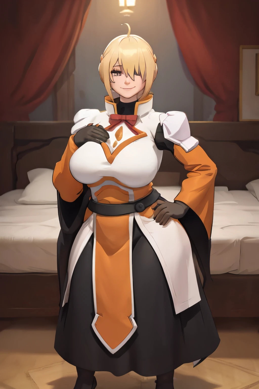 Darkness, 1girl, solo, smile, ahoge, sidelocks, wide sleeves, hair over one eye, long sleeves, perfect quality, good quality, masterpiece, HDR, UHD, big breasts, dress, huge breasts, standing close to viewer, inside her room, massive butt, big ass, wide hips, thick thighs, dress hugging her thick body tightly, full body, tight dress, chubby potbelly