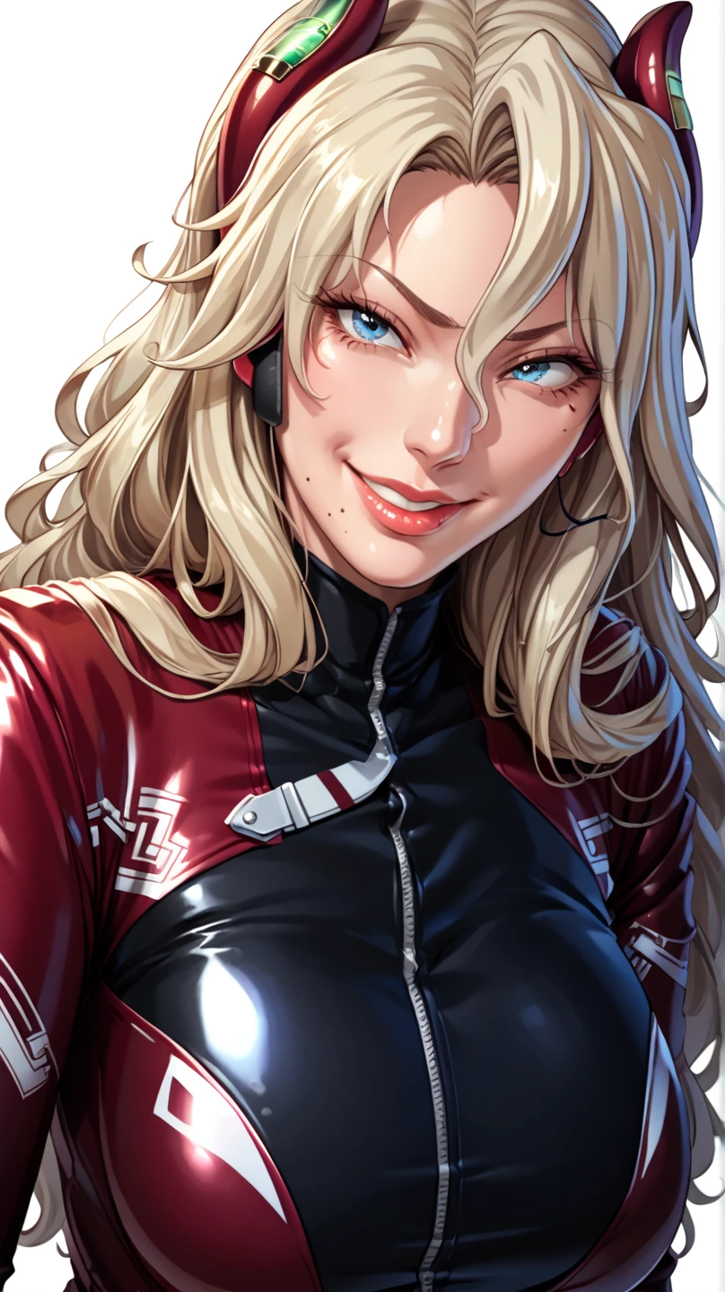 score_9, score_8_up, score_7_up, score_6_up, cowboy shot,anime style, smile,semi-realistic, Eliza Perlman, 1girl, mature female, blonde hair, long hair, lips, blue eyes, mole under eye, mole under mouth, headset,
black bodysuit, red bodysuit, black gloves, knee boots, transparent background,