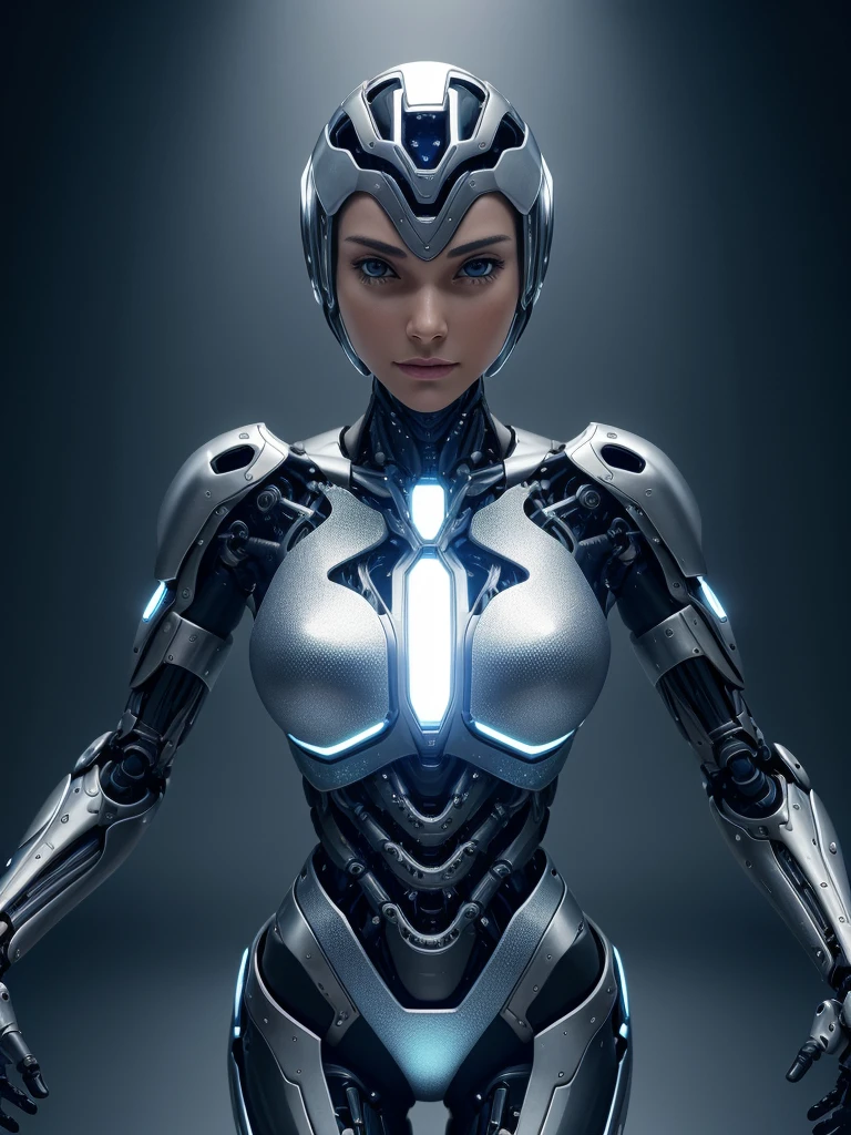 body, body, woman, Ultra-realistic, robot, cyborg, Plain background, Stands facing the spectators, super high quality, Metal, Dressed, (View your viewers), saggy,