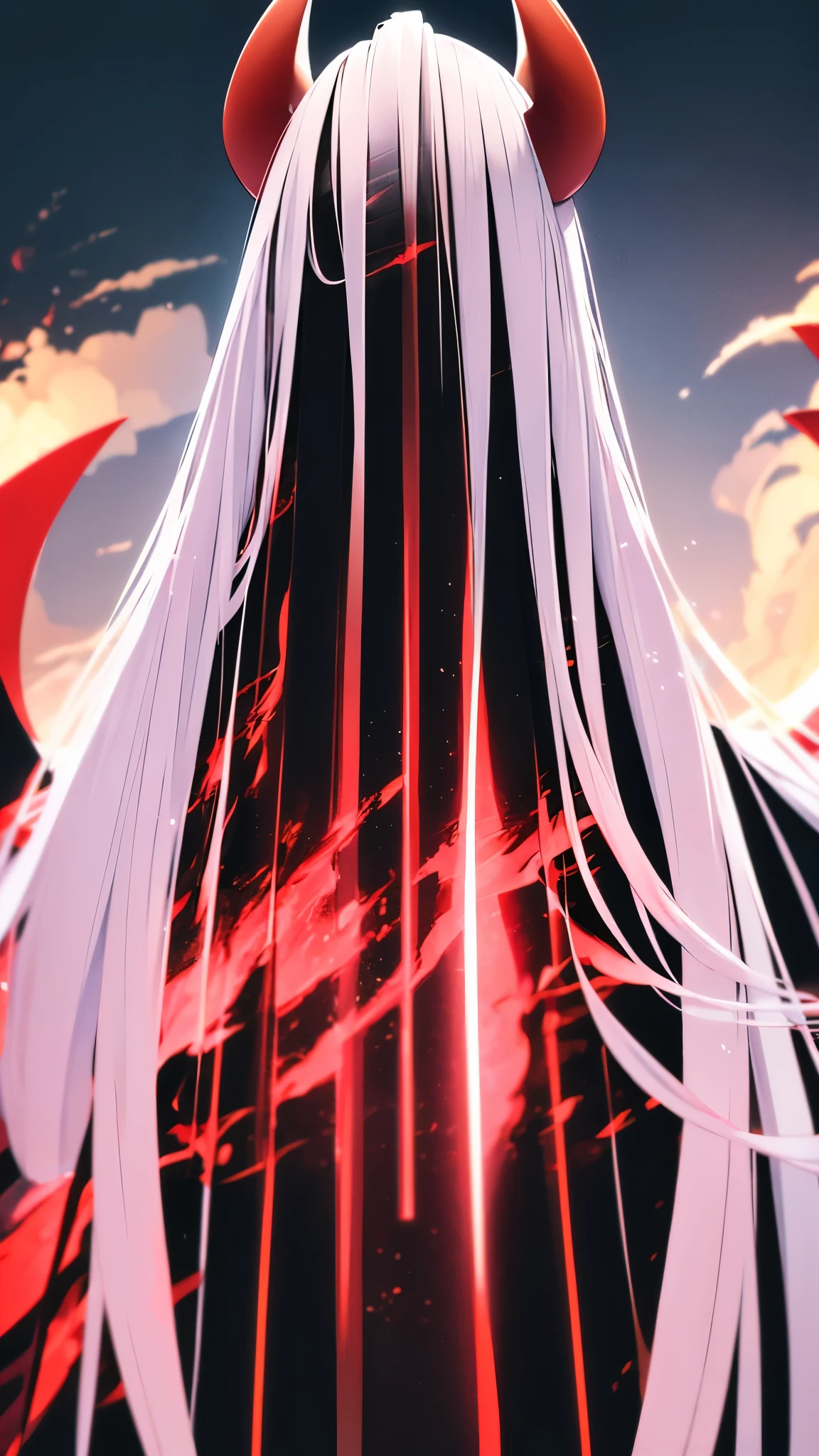 3D, anime style, anime girl, white long hair. red eyes, black and red horns, long ears, short figure, big breasts, flashy black dress, grinning, slightly closed eyes, (extremely detailed, masterpiece, best quality, ultra-detailed), turned with her back to the camera, far away