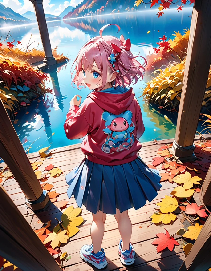 ８K, Highest quality, masterpiece, Ultra-detailed、Pink Hair、Bun Hair、full lips、Brown eyes、１８Year-old beauty、Portrait、Rooftop、Embarrassed、T-Shirts、