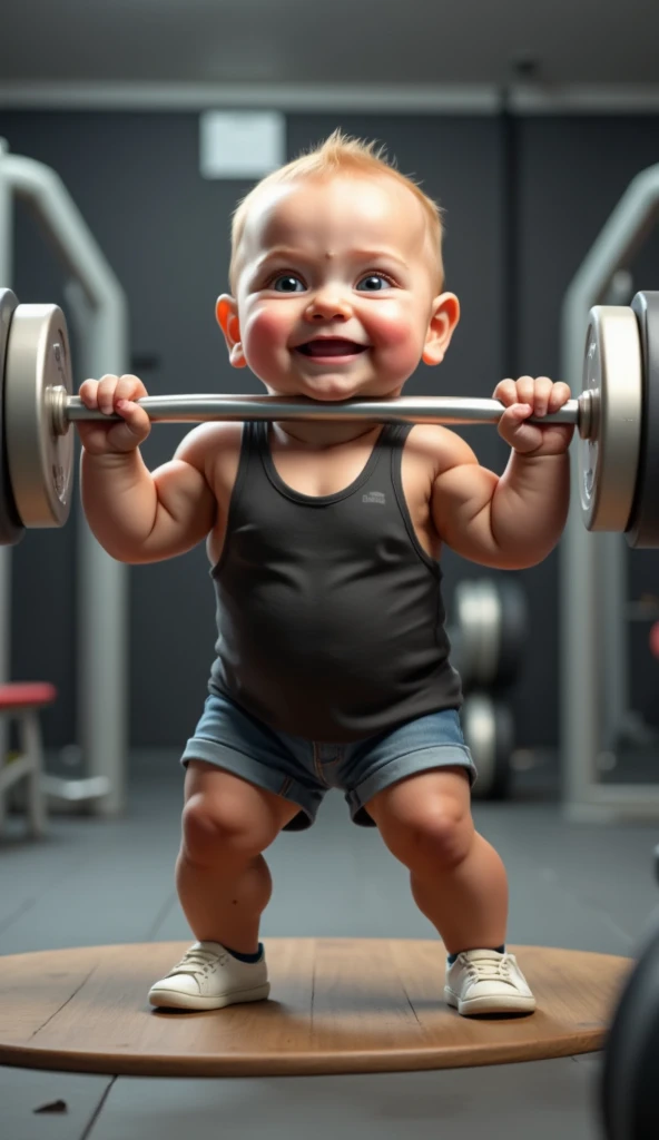 A realistic 3-month-old ,wearing a tank top and denim shorts and holding a weight bar with light discs .  baby with a confident smile in a stylized gym environment.