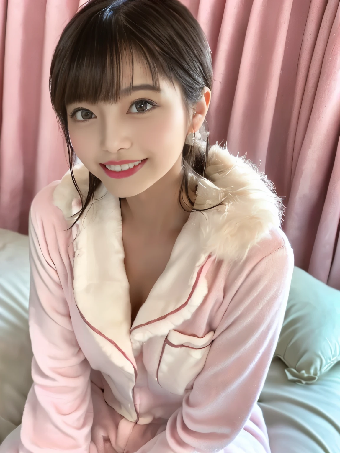 (highest quality、table top、8k、best image quality、Award-winning work)、Japan and half Spanish beauty、pajamas that are too big for her、Parker Pajamas、Thick pajamas in the middle of winter、oversized cotton pajamas、very thick blanket pajamas、White, light blue and pink pastel pajamas、分厚いfluffy pajamas、White pajamas with light blue and pink stripes、very thick brushed pajamas、fluffy pajamas、Mokomoko pajamas、soft chest、chest bulge、Huge bed in a cute room、(Pastel colored fairy tale room:1.1)、blurred background、(A cute and intricately decorated dream room:1.1)、(High quality beautiful luxury curtains:1.1)、pink roses in a vase、(luxury bed with luxurious decoration:1.1)、pink and light blue wall、(beautifully decorated walls:1.1)、Luxury bed with elegant decoration、perfect makeup、long eyelashes、the biggest smile looking at me、(The most natural and perfect interior:1.1)、(Super high-resolution lustrous, fair-skinned skin:1.1)、Ultra-high resolution face、super high resolution hair、Super high resolution sparkling eyes、Super high resolution glossy lips、(very brightly illuminated fair skin:1.1)、Beautiful face drawn in great detail、Super high resolution perfect beautiful teeth、(very bright and vivid:1.2)、(accurate ???????:1.2)