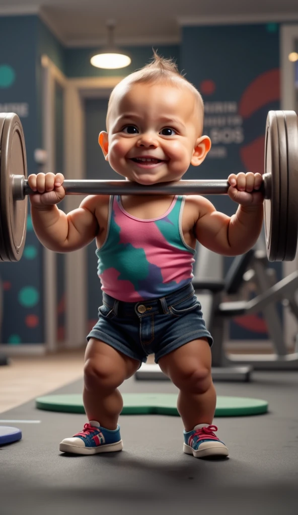 A realistic 3-month-old ,wearing a colorful tank top and denim shorts and holding a weight bar with light discs .  baby with a confident smile in a stylized gym environment.