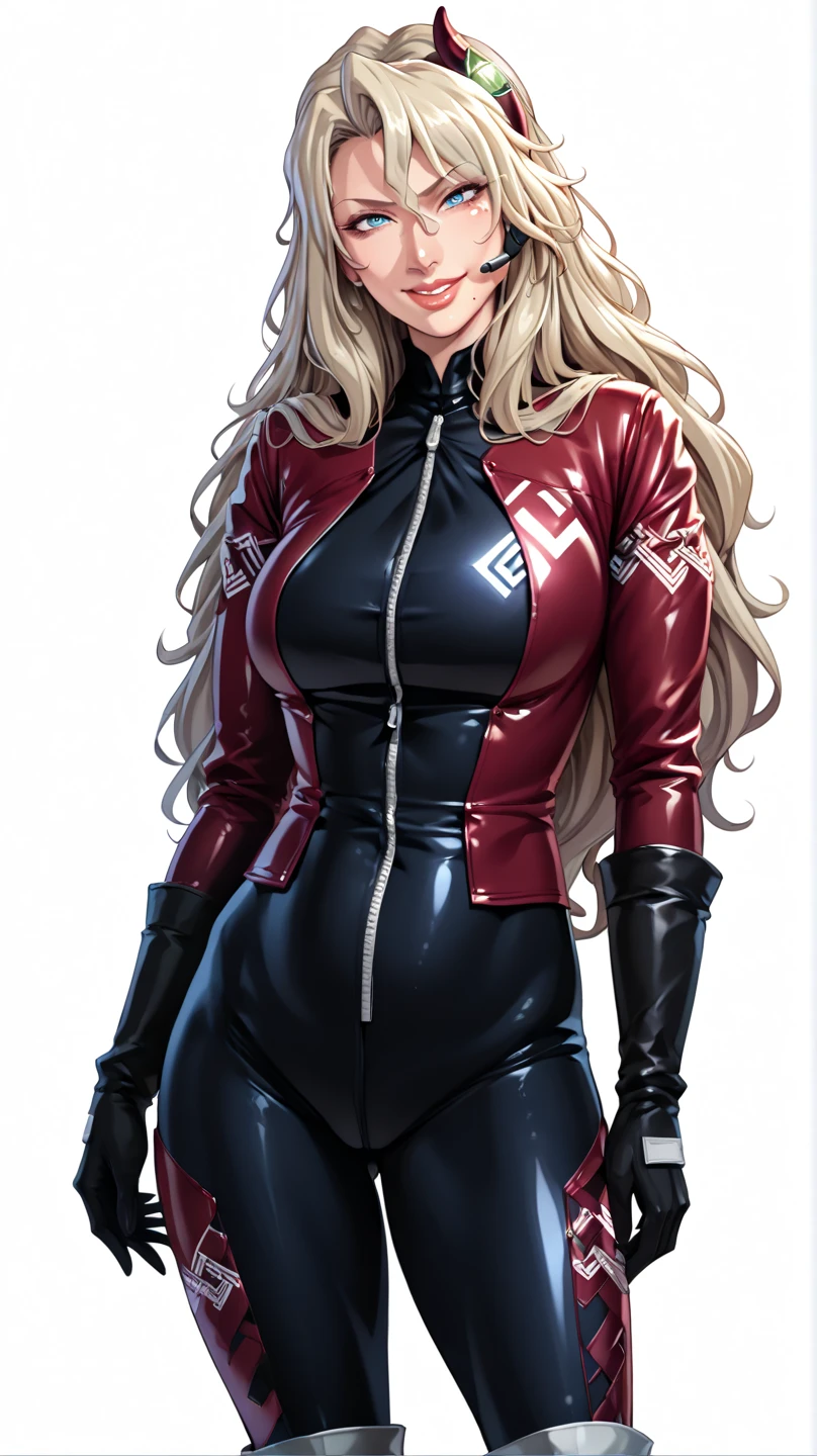 score_9, score_8_up, score_7_up, score_6_up, cowboy shot,anime style, smile,semi-realistic, Eliza Perlman, 1girl, mature female, blonde hair, long hair, lips, blue eyes, mole under eye, mole under mouth, headset,
black bodysuit, red bodysuit, black gloves, knee boots, transparent background, cowboy shot,