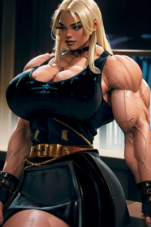 (((((Massive, beautiful, buff, wet, light brown skinned muscular woman with white hair, black lipstick, ginormous bulky muscles and wearing a black gothic corset with leather tiered skirt))))), (close view), massive muscles, hyper muscles, long straight hair, ((black gothic corset)), (leather tiered skirt), blue eyes, choker, (long sleeve gauntlets), black boots, (in a rainstorm Darkened city), (Dark and moody universe:1.3), evil smile, night, massive arms