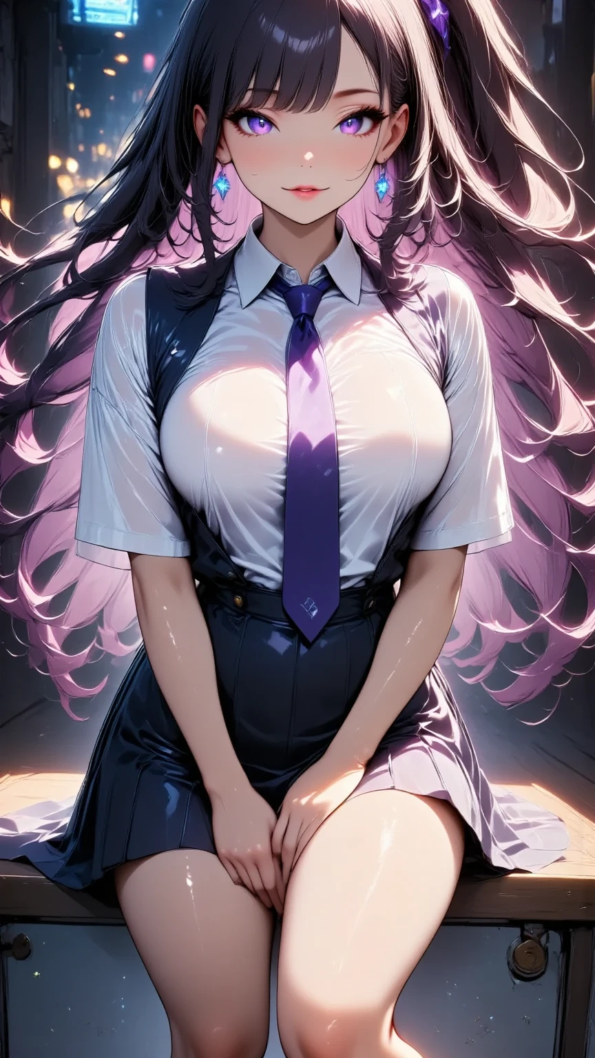 若く美しい Dark Elvesの女性,( best quality, very detailed depiction , Incredibly Absurd Hi-Res),(美しいstudent服, High School Uniform Blazer , High School Uniform Skirt ,Purple tie, High Socks,Shoes),( Dark Elves,student, purple eyes, half closed eyes:2.0, pointed ears, Big Breasts , bewitching smile:2.0,Glossy lips, are opening their mouths,Beautiful legs,Curvaceous Body,Blue Skin:2.0), full body image :2.3,Inside the school,School of Elves 