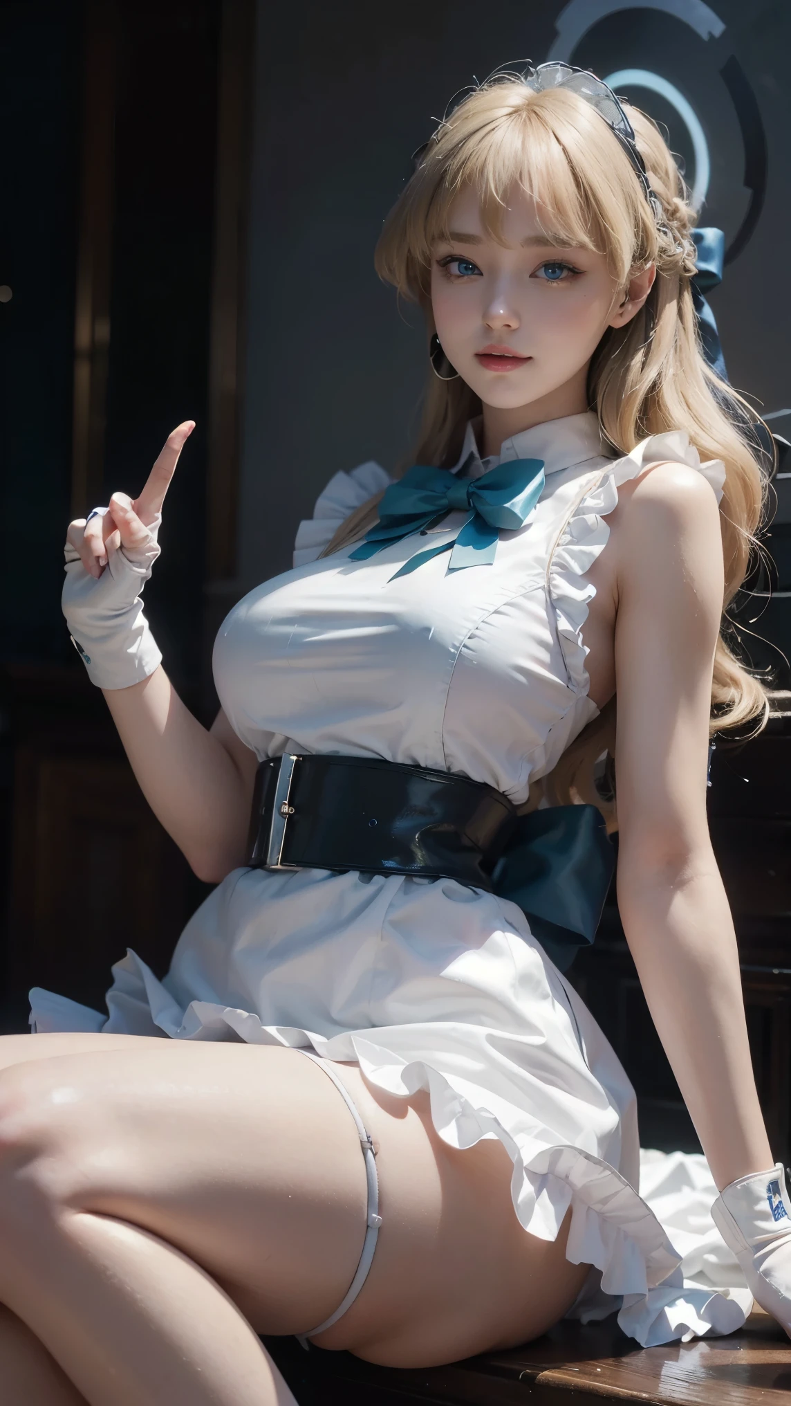 Asuma Toki,(best qualityer,4K,8k,high resolution,work of art:1.2)(weather: midday), Mondstadt city background, victorian pebbled street, white sleeveless blouse, long victorian skirt, maid apron, elbow long gloves, bowtie, tight high stockings, high heels, cheek mole, short wavy hair, blonde hair, ultra detailed, realistic,portraite,beautiful detailed blue eyes, glowing eyes,blush,beautiful detailed lips,extremely detailed eye and face, long eyelashes,sexly,average, large breasts,beaming smile, sexy smile,powerful girl, sexy pose, stunning curves,bright coloured,dramatic lighting,