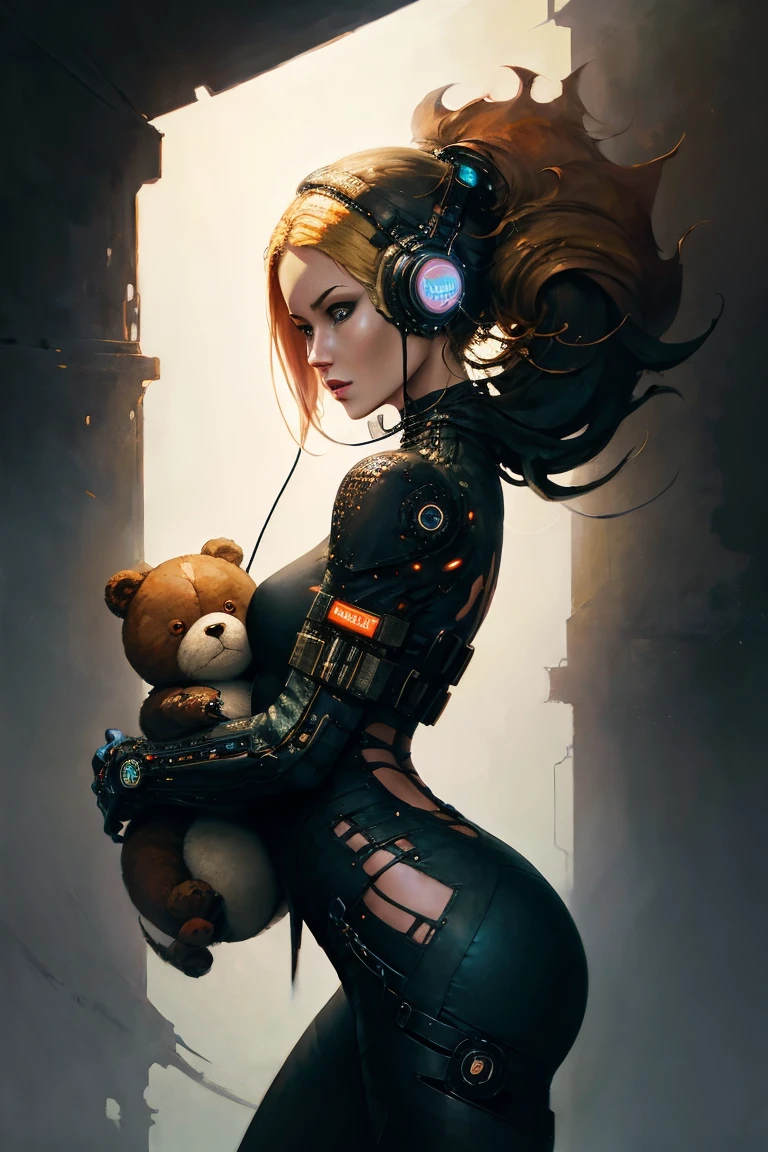 blond haired girl with headphones holding a feazbear in her arms, cyberpunk art by Beeple, trending on cgsociety, digital art, beeple and jeremiah ketner, cyber steampunk, wojtek fus, digital cyberpunk - anime art, digital cyberpunk anime art, artwork in the style of guweiz, fashionable cyberpunk mechanoid, cyberpunk art style, detailed cyberpunk illustration, by Károl Bak UHD, scitt Cawthon 