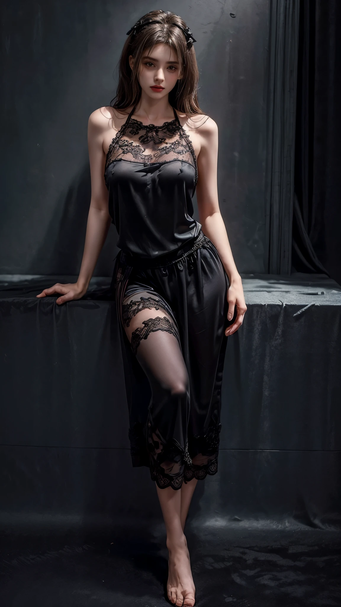 Best quality, masterpiece, ultra high res, (photorealistic:1.4), raw photo, 1girl, ((black lace nightgown)), ((small breast)), cold light