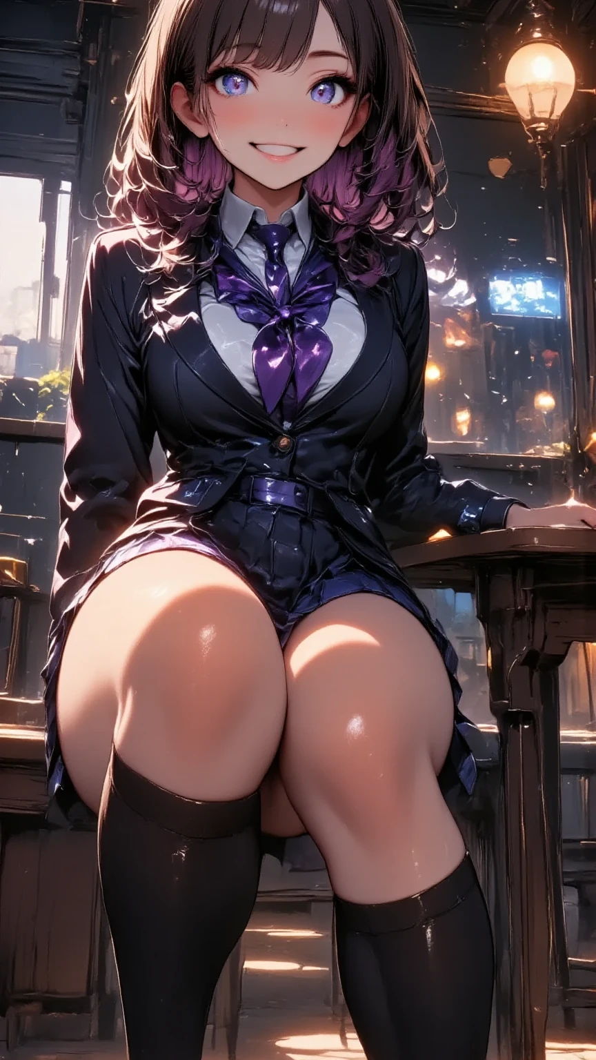 若く美しい Dark Elvesの女性,( best quality, very detailed depiction , Incredibly Absurd Hi-Res),(美しいstudent服, High School Uniform Blazer , High School Uniform Skirt ,Purple tie, High Socks,Shoes),( Dark Elves,student, purple eyes, half closed eyes:2.0, pointed ears, Big Breasts , bewitching smile:2.0,Glossy lips, are opening their mouths,Beautiful legs,Curvaceous Body,Blue Skin:2.0), full body image :2.3,Inside the school,School of Elves 