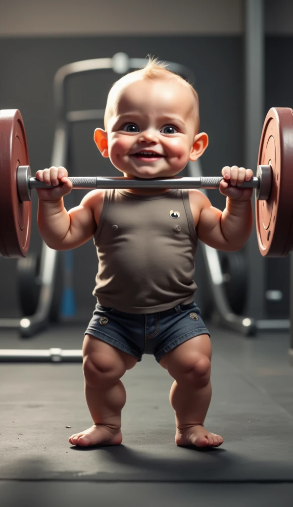 A realistic 3-month-old ,wearing old, torn summer t-shirt and denim shorts and holding a weight bar with light discs .  baby with a confident smile in a stylized gym environment.