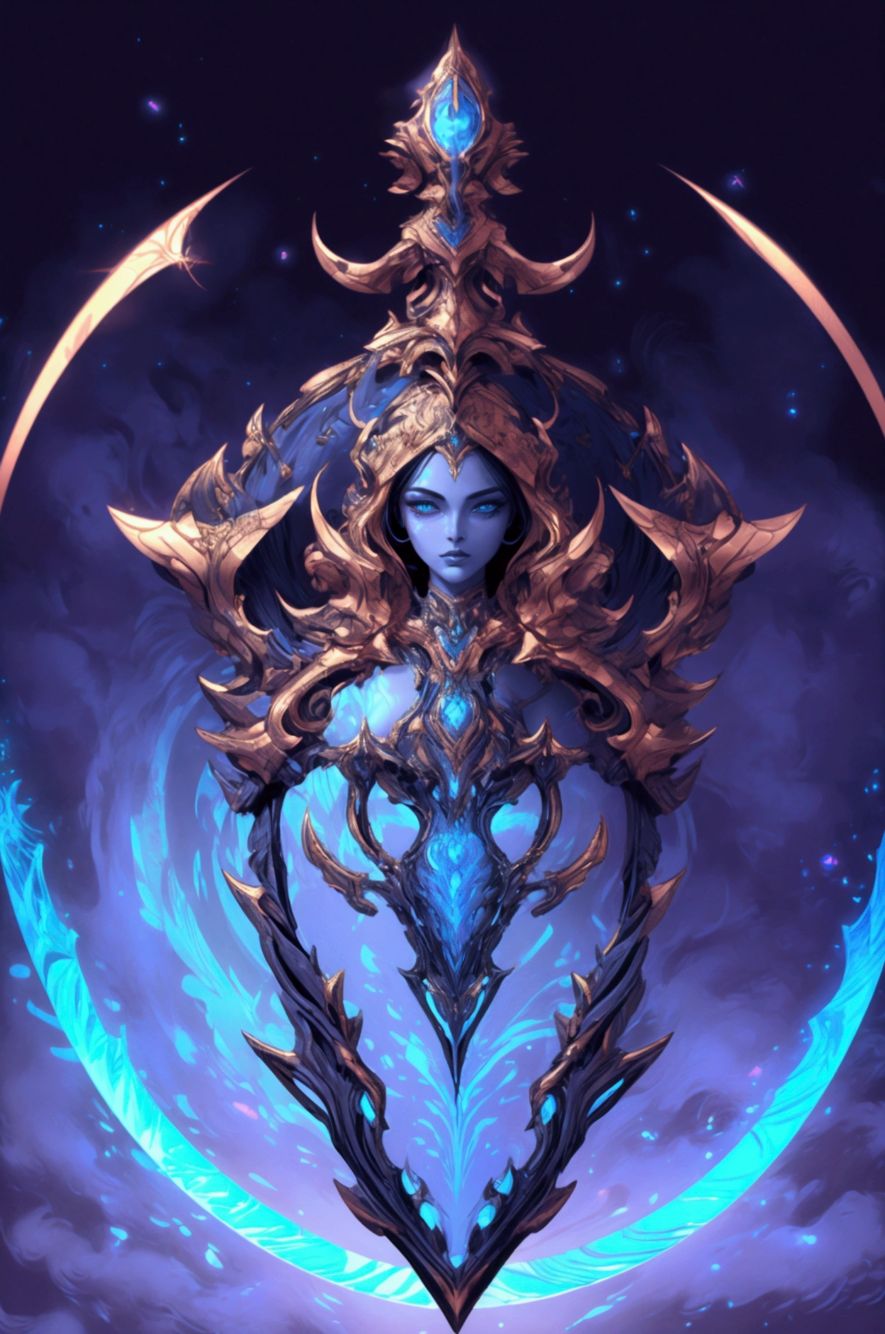 Concept art,omei,1girl,solo,staff,monster girl,long hair,black hair,holding,holding staff,horns,full body,navel,gradient,blue eyes,gradient background,colored skin,purple skin,grey background,looking at viewer,scales,medium breasts,cleavage,simple background,<lora:omei_20240217112445-000013:0.8>,fantasy,(a gray background:1.2),(evil smile:1.1),(magic:1.2),