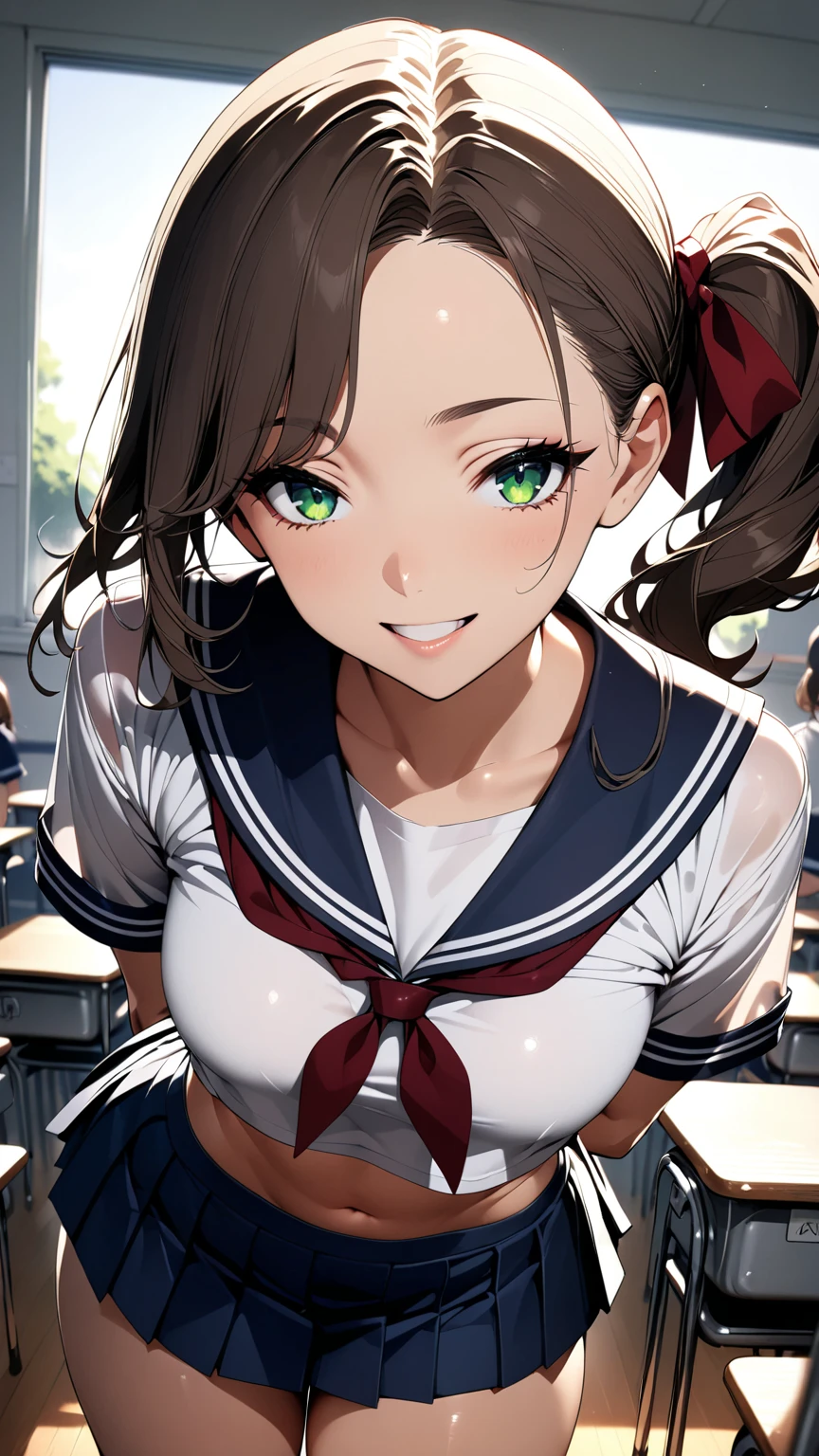 masterpiece, best quality, very aesthetic, semi-realistic anime, Sharp Focus, high contrast, 1lady, JK, detailed green eyes, half opened mouth, smile, dark brown silky hair, (hair pulled back), side ponytail, contrapposto, hands behind back, navel, Captivating thighs, knee, classroom, (sheer crop top white shirt), sailor suit, pleated skirt, red ribbon tie