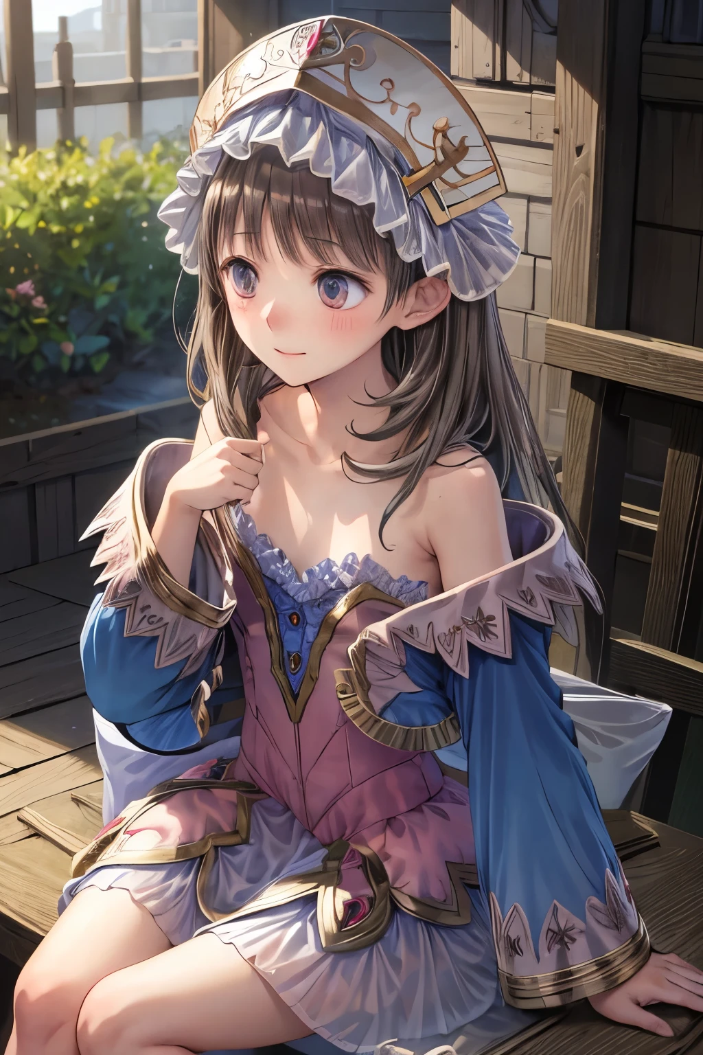 masterpiece, best quality, high resolution, sharp focus, anime coloring, depth of field, photorealistic, anime style, clumsy pose, blush, relieved, vibrant colors, cinematic lighting, high quality, perfect detail, perfect anatomy, 8k, HDR, fantasy magic, magical energy, alchemist aura, atelier background, chartotori, blue sleeves, detached sleeves, skirt, dress, bare shoulders, blush, collarbone, strapless, hat, frills, flat chest, bow, back bow, sitting, laughing