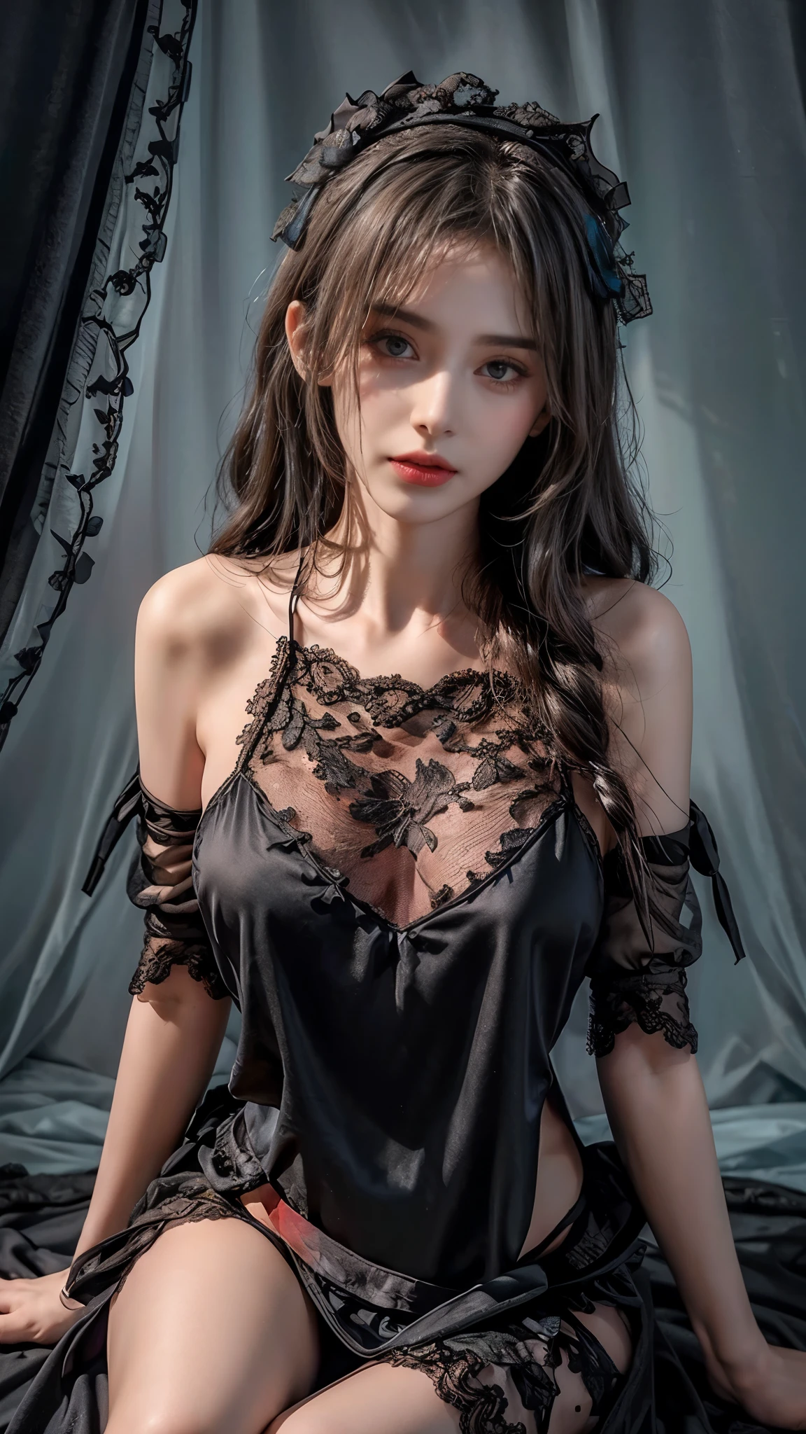 Best quality, masterpiece, ultra high res, (photorealistic:1.4), raw photo, 1girl, ((black lace nightgown)), ((small breast)), cold light