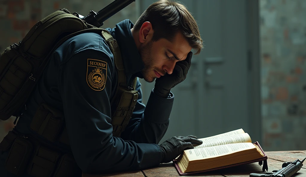 man studying for a competitive exam, offwhite, with an angry face, low haircut and background related to studying for a competitive exam,looking straight ahead,with a skull face , with black shirt, and with military police officer armbands