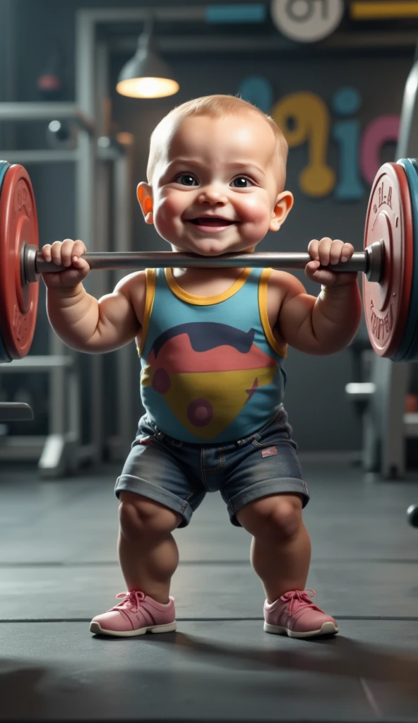 A realistic 3-month-old ,wearing a colorful tank top and denim shorts and holding a weight bar with light discs .  baby with a confident smile in a stylized gym environment.