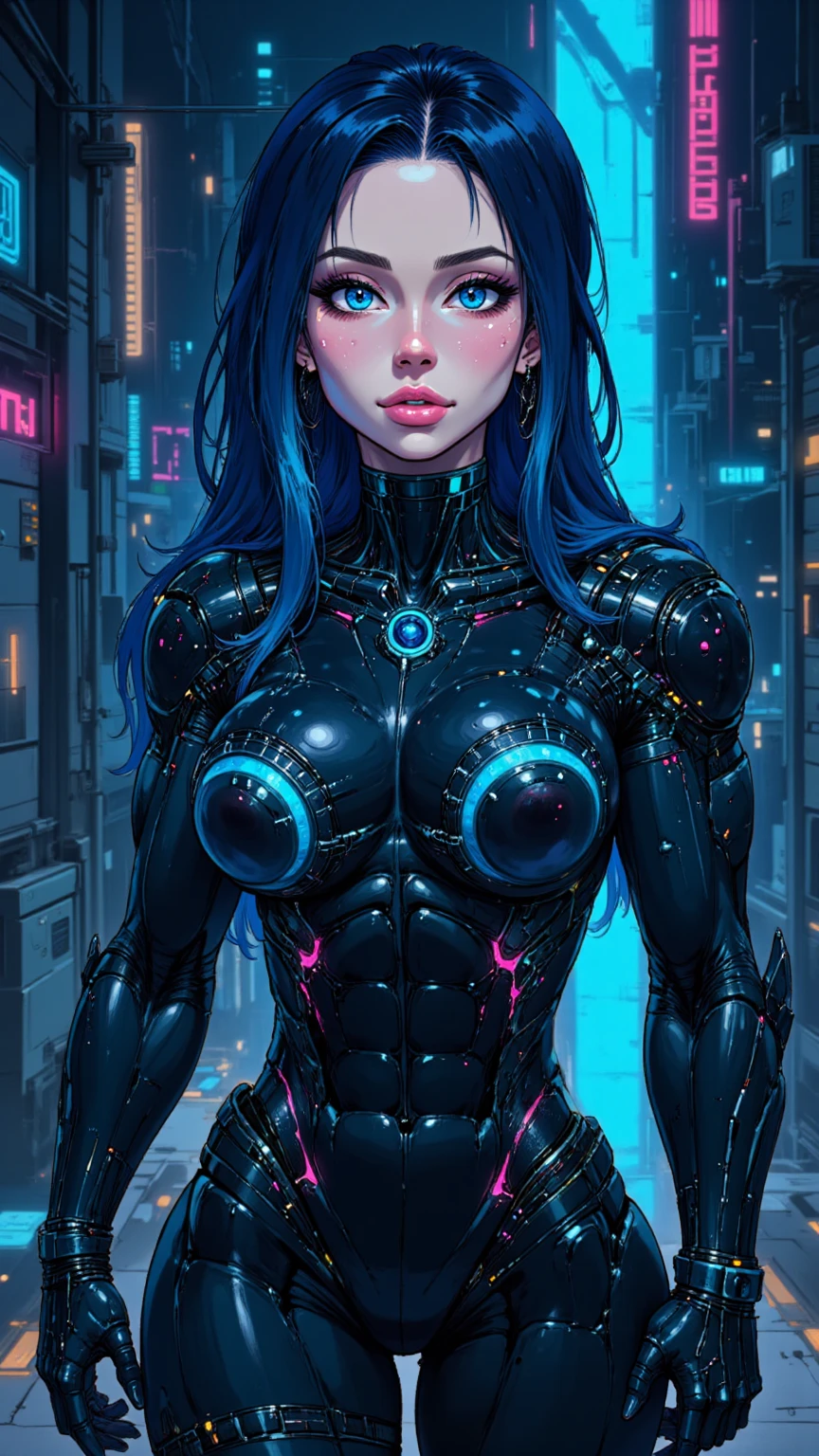cyber woman in latex outfit upper body standing on street at night, in cyberpunk city, cyberpunk photo, cyberpunk 2 0 y. o model girl, in a futuristic cyberpunk city, female, in a cyberpunk city, cyberpunk beautiful girl, in cyberpunk style, cyberpunk girl, futuristic cyberpunk tokyo night, at cyberpunk city, (tmasterpiece、4K 分辨率、ultra-realistic realism、The is very detailed), "Full and juicy lips, mesmerizing wide eyes, a defined jawline, and high cheekbones. A perfectly symmetrical face with distinct features.", wearing glasses, Korean.
