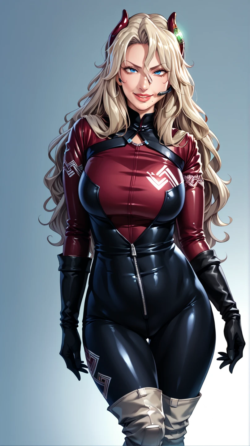 score_9, score_8_up, score_7_up, score_6_up, cowboy shot,anime style, smile,semi-realistic, Eliza Perlman, 1girl, mature female, blonde hair, long hair, lips, blue eyes, mole under eye, mole under mouth, headset,
black bodysuit, red bodysuit, black gloves, knee boots, transparent background, cowboy shot,