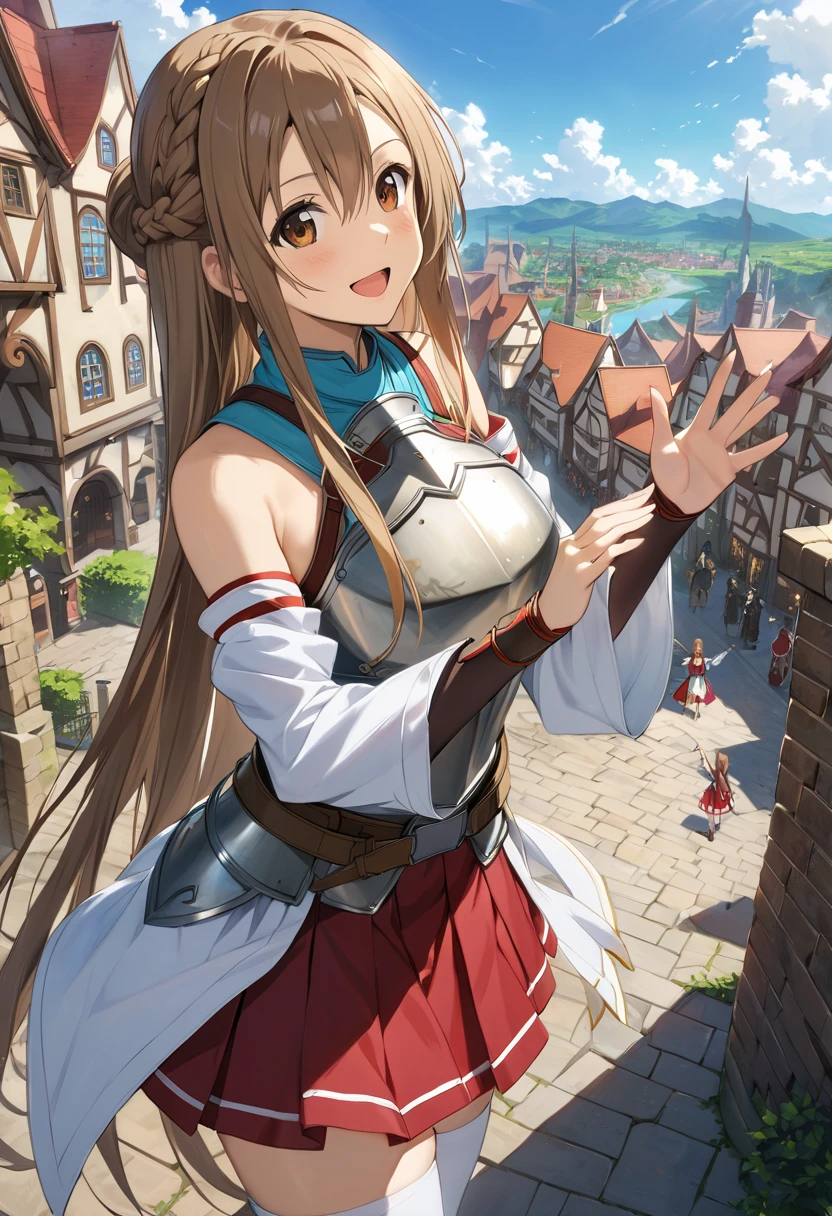 masterpiece, best quality, highres, long hair, brown hair, braid, brown eyes, bare shoulders, armor, breastplate, white sleeves, detached sleeves, red skirt, pleated skirt, white thighhighs, waving, smile, leaning forward, open mouth, town, fantasy,yuuki_asuna, ASUNA \(SAO\), sword art online