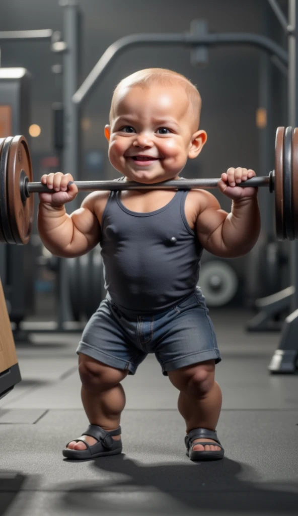 A realistic 3-month-old super muscular baby, wearing a tank top and denim shorts and holding a weight bar with light discs .  baby with a confident smile in a stylized gym environment.