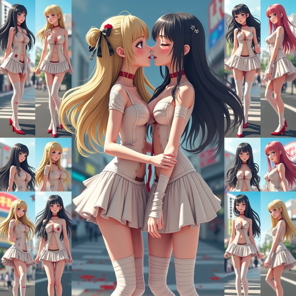 Multiple girls, blonde and redhead, highschool cheerleaders, kissing, skinny, tannned skin, NSFW