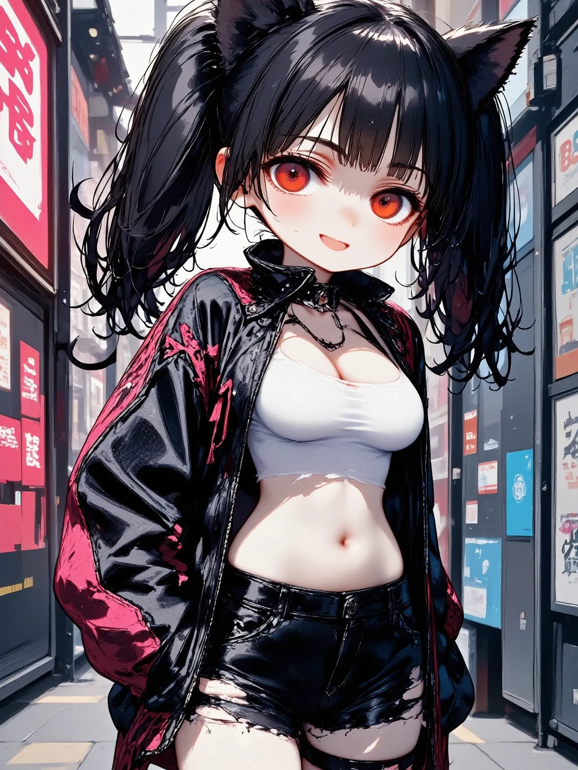 1girl\(cute,kawaii, charming, fascinating, bewitching, evil smile, smirk,evil face, fang, black hair,naughty smile, long hair, twin tails hair, pale skin, white skin, red eyes, eyes shining, big eyes, big breast, perky breast, punk fashion, ripped clothes, white tight tube top, tight hot pants, stomach shown, ripped black short jacket, fluffy black cat-ear, spiral eyes,eyes spiraled, bang, hands in pocket\), background\(outside, noisy city, backstreet, narrow street, neon lights, at midnight\),3d render, portraits, bust-up shot, from below, niji style, slight abdominal muscles,very close up of face,,zoom up girl, great focus, great bokeh,dynamic camera angle,punky costume,bags under eyes,taken by Kodak MC3 camera,Dutch angle photo