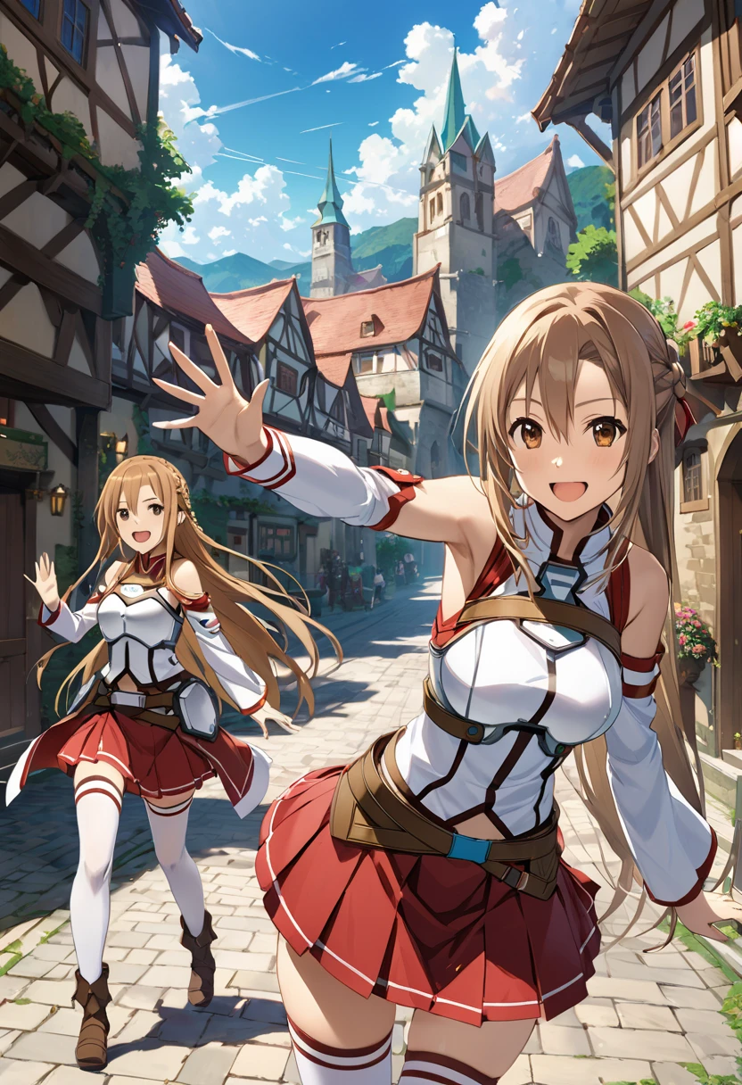 masterpiece, best quality, highres, long hair, brown hair, braid, brown eyes, bare shoulders, armor, breastplate, white sleeves, detached sleeves, red skirt, pleated skirt, white thighhighs, waving, smile, leaning forward, open mouth, town, fantasy,yuuki_asuna, ASUNA \(SAO\), sword art online