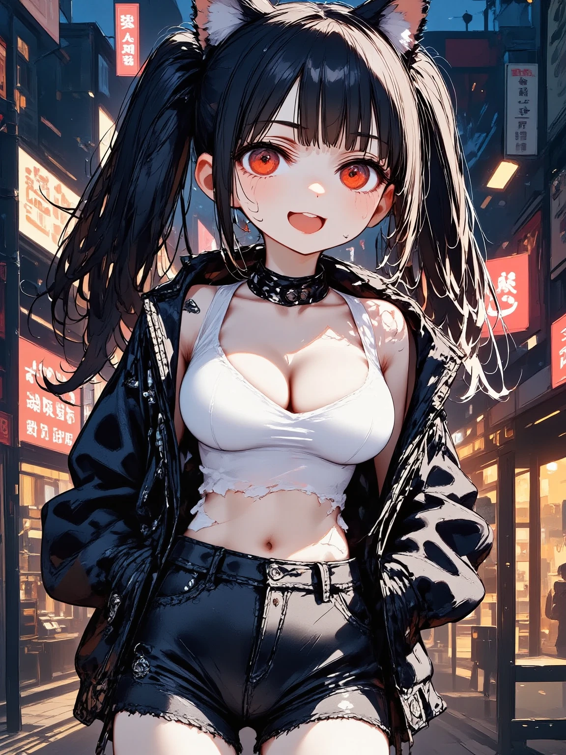 1girl\(cute,kawaii, charming, fascinating, bewitching, evil smile, smirk,evil face, fang, black hair,naughty smile, long hair, twin tails hair, pale skin, white skin, red eyes, eyes shining, big eyes, big breast, perky breast, punk fashion, ripped clothes, white tight tube top, tight hot pants, stomach shown, ripped black short jacket, fluffy black cat-ear, spiral eyes,eyes spiraled, bang, hands in pocket\), background\(outside, noisy city, backstreet, narrow street, neon lights, at midnight\),3d render, portraits, bust-up shot, from above, niji style, slight abdominal muscles,very close up of face,,zoom up girl, great focus, great bokeh,dynamic camera angle,punky costume,bags under eyes,taken by Kodak MC3 camera