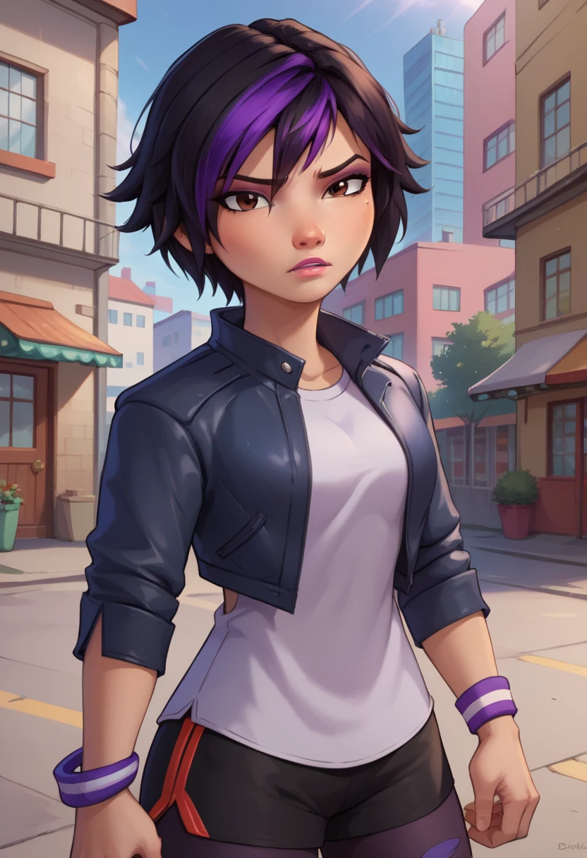 score_9, score_8_up, score_7_up, BREAK,gogotomago, 1girl, solo, short hair, black hair, jewelry, lo purple hair, bracelet, makeup, casual, cropped jacket, leggings, sleeves pushed up, capri pants, cowboy shot, brown eyes, looking at the viewer, large breasts,outdoors,city,