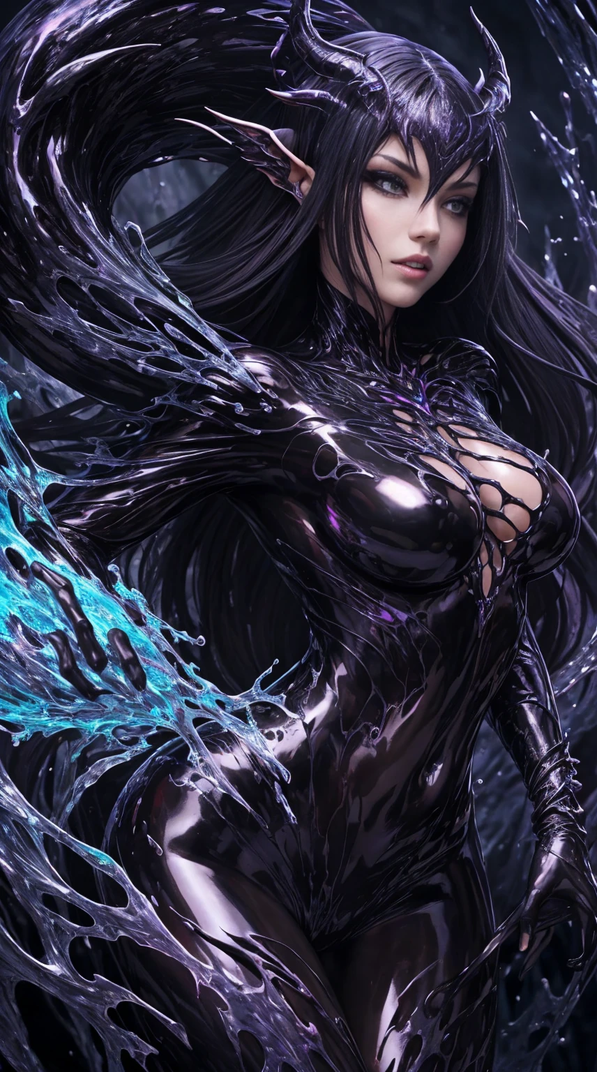 (Storyboard:1.4), Liquid lady, liquid queen, arcane liquid fluid fighting stance, sexy, alluring, erotic,( body formed from mauveine and black liquid metallic paint twisting into a beautiful interpretation of the female figure), long sharp fangs, ((complex metallic colours in the foreground)), (( fluid mechanics, the loveliest smooth scale face makeup)) - dark blood, onyxia, translucent skin mechanical