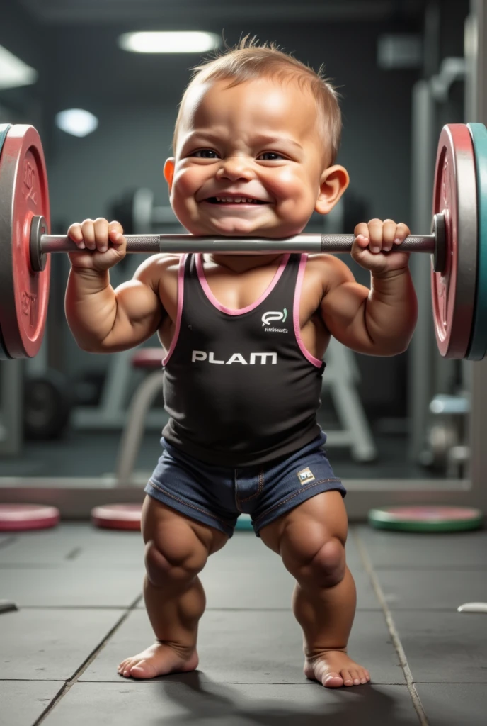 A realistic 3-month-old super muscular baby, wearing a colorful tank top and denim shorts and holding a weight bar with light discs .  baby with a confident smile in a stylized gym environment.