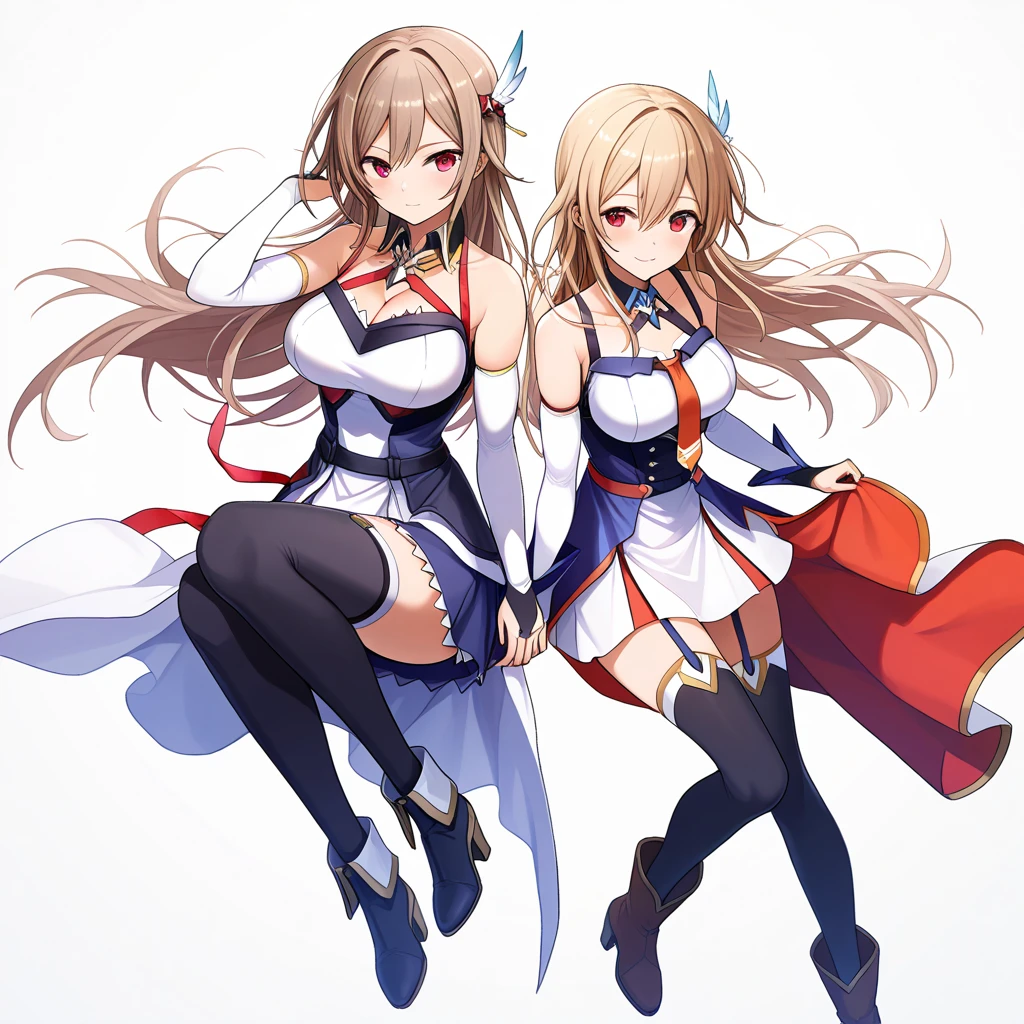 furen e lustario,frnel, very long hair, blonde hair, brown hair, bangs, red eyes, hair between eyes, large breasts,
1st costume, dress, short dress, detached collar, bare shoulders, detached sleeves, cleavage, collarbone, bridal gauntlets, black thighhighs, zettai ryouiki, garter straps, waist cape,boots, high heels,