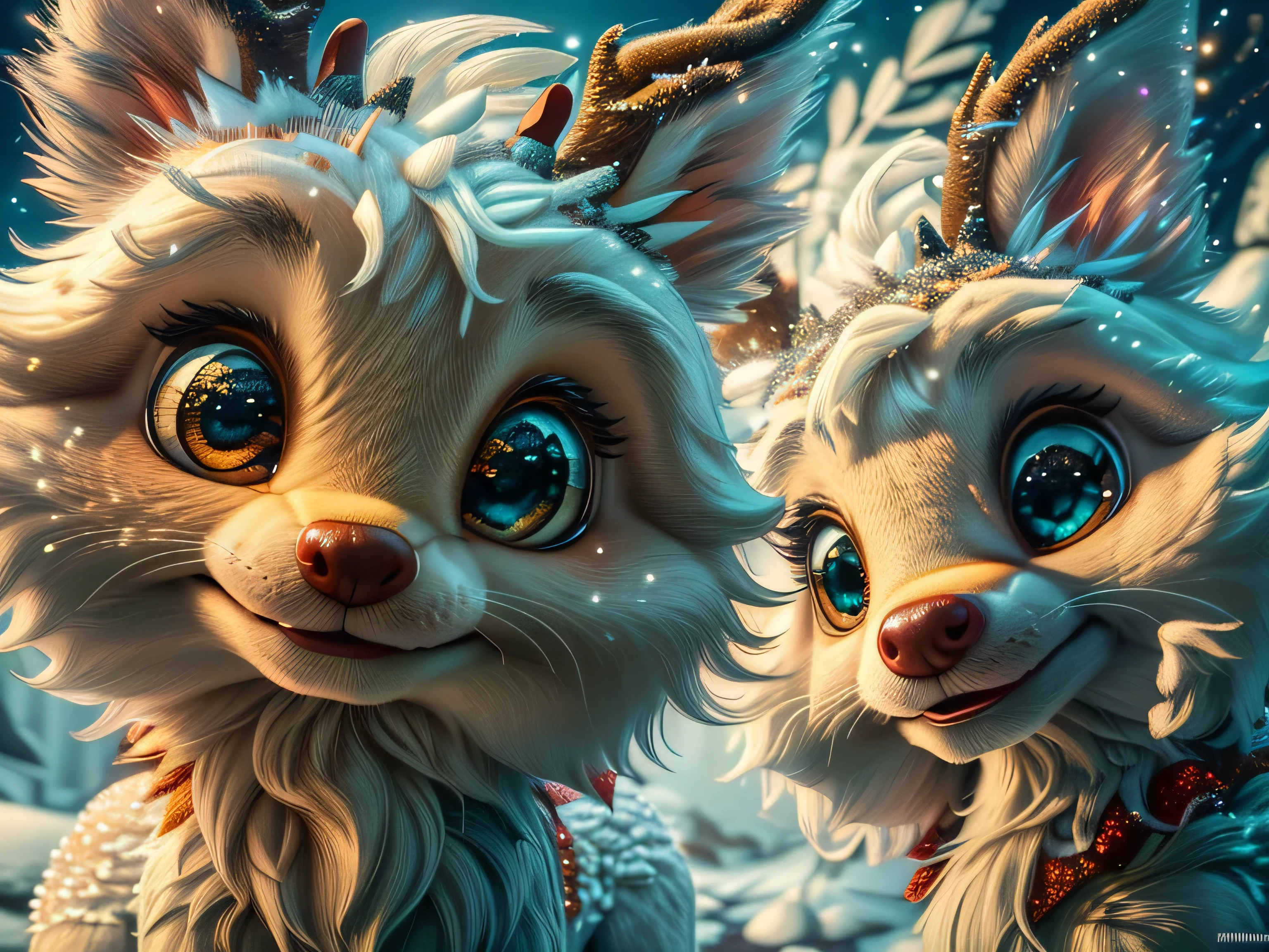 Magical Fantasy Creature, (Best Quality, Masterpiece, Representative Work, Official Art, Professional, Super Detailed, 8k:1.3), (Photorealism:1.2) Super Cute, Big Eyes, Soft, Soft Nose, Fluffy, Double-Toothed Smile, Aurorastyle, Highly detailed Dynamic shot of majestic adorable reindeer, high quality, beautiful masterpiece, fantasy creature, kawaii, digital art, glowing sparkles, Realistic, Beautiful, Stars in Eyes, Soft Volumetric Light, (Backlight:1.3), (Cinematic:1.2), Intricate Details, (ArtStation:1.3), --auto --s2