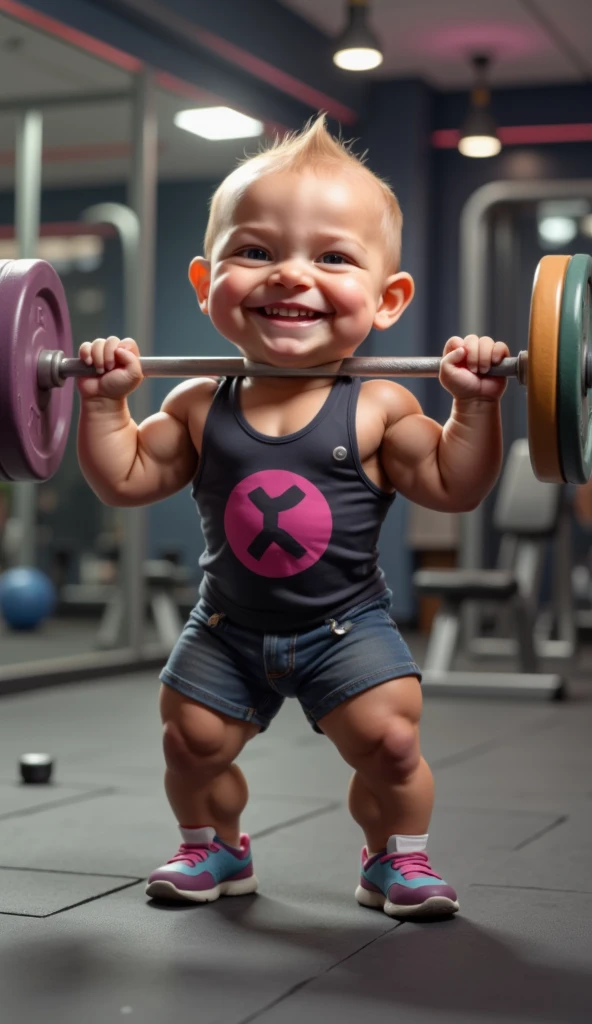 A realistic 3-month-old super muscular baby, wearing a colorful tank top and denim shorts and holding a weight bar with light discs .  baby with a confident smile in a stylized gym environment.