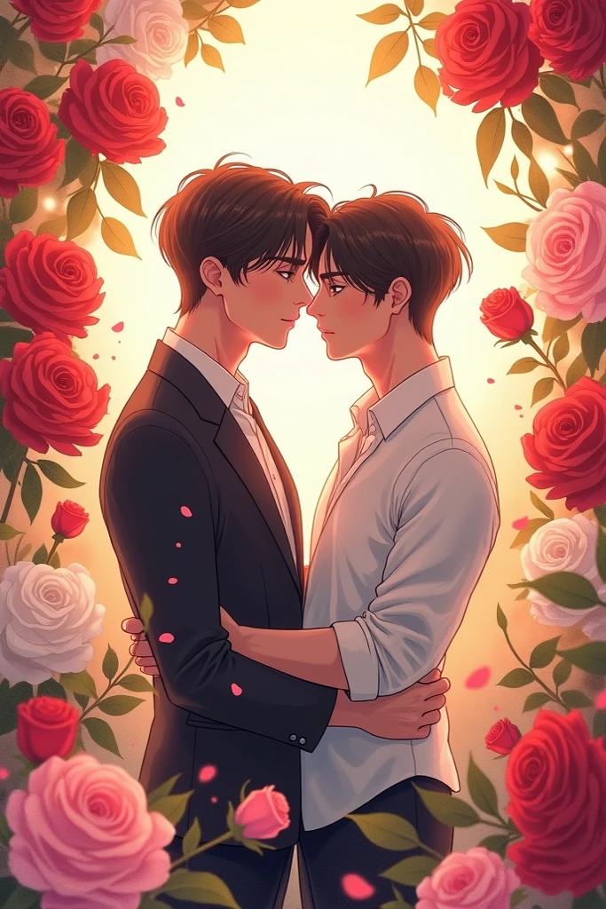 Drawing of two boys kissing in an art gallery, wear shirt outside with long pants, one brown hair and one black hair, The black-haired man was holding a bouquet of flowers. These two people were very skinny. The brown-haired man lowered his hand. The black-haired man gently hugged the brown-haired man&#39;s neck.
