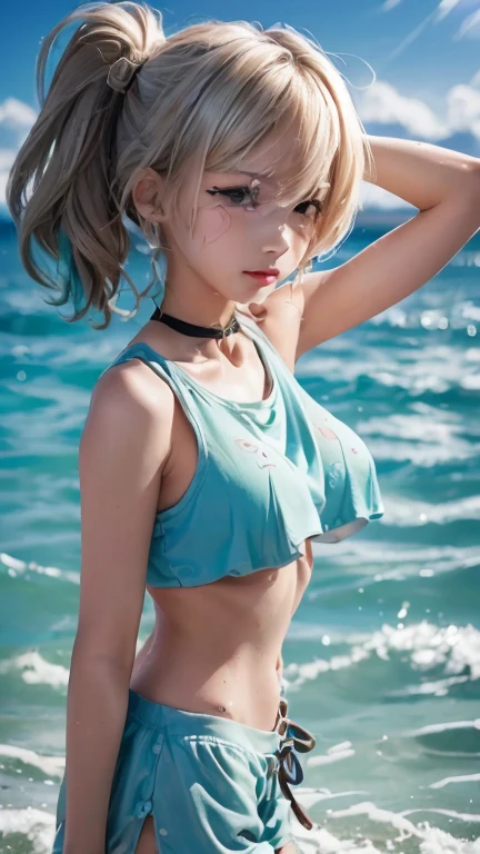 girl, goblin, smile of great joy,beautiful and moving,(((flat chest))),Do a dynamic dance、thin arms、thin waist、slender upper body、thin thighs、thin lower body、short twin tails、(((blonde)))、tropical sandy beach、a dizzying smile、white micro bikini、