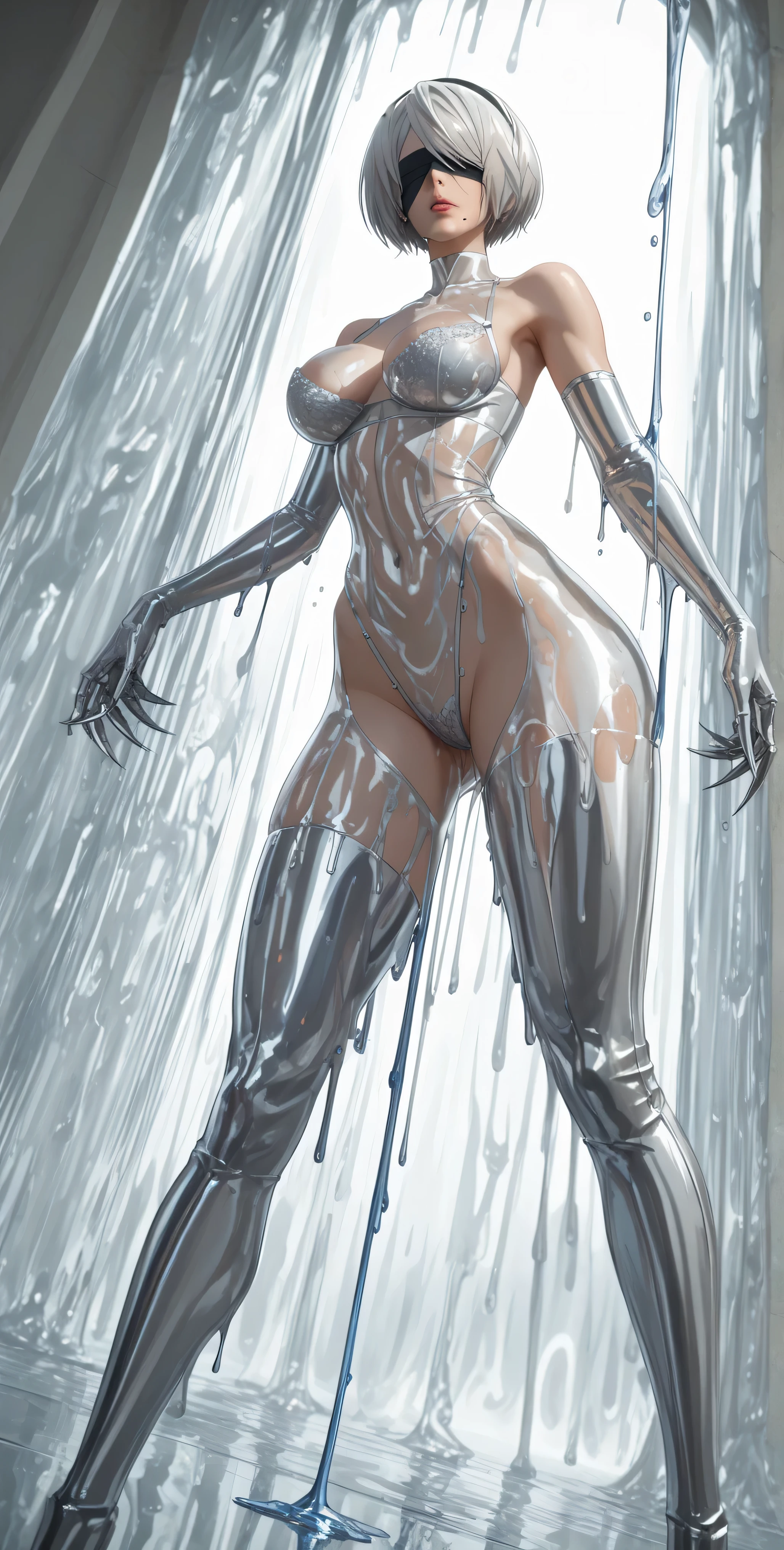 score_9,score_8_up,score_7_up, score_6_up, score_5_up,source_anime, full body, boudoir, sfw, arcane liquid fluid, sexy, alluring, erotic, silver liquid metallic Liquid Metal paint twisting into a beautiful interpretation of 2b, yorha no. 2 type b, short hair, silver hair, hairband, mole, black hairband, mole under mouth, blindfold, covered eyes, black blindfold, furrowed eyebrows, very silver hair, undercut hair, one side of hair shaved, female, liquid silver bodysuit, busty, curvy hips, form fitting, seductive, curvaceous, (fake breasts), liquid silver bra and panties, curvy ass, thick thighs, silver garterbelt, dutch angle tilt, looking at viewer, legs spread wide open, aroused, liquid silver bodysuit, dynamic angle, from below, three-quarters view), (solo), long claws,