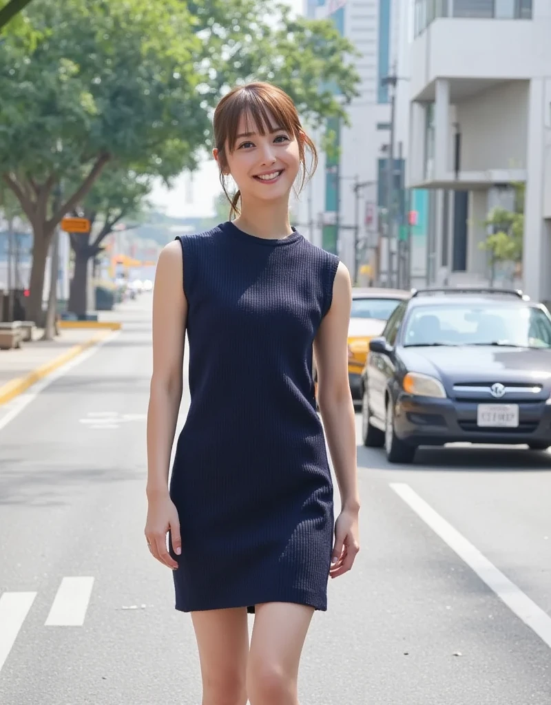 (High reality photograph, high resolusion, detailed face, detailed eyes) Skinny Japanese lady, 40 years old, cute face, solo:1, lovely body, skinny figure, short hair, a knit dress with emphasizing very skinny waist, standing in a various place, full-body photo