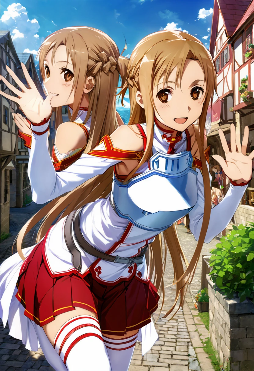 masterpiece, best quality, highres, long hair, brown hair, braid, brown eyes, bare shoulders, armor, breastplate, white sleeves, detached sleeves, red skirt, pleated skirt, white thighhighs, waving, smile, leaning forward, open mouth, town, fantasy,yuuki_asuna, ASUNA \(SAO\), sword art online