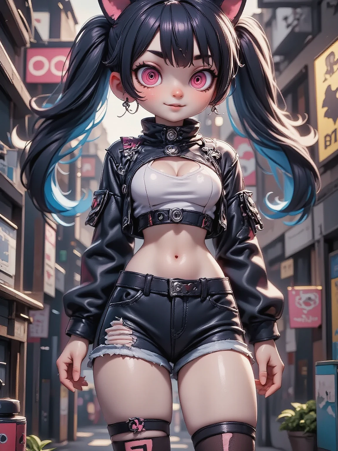 1girl\(cute,kawaii, charming, fascinating, bewitching, evil smile, smirk,evil face, fang, black hair,naughty smile, long hair, twin tails hair, pale skin, white skin, red eyes, eyes shining, big eyes, big breast, perky breast, punk fashion, ripped clothes, white tight tube top, tight hot pants, stomach shown, ripped black short jacket, fluffy black cat-ear, spiral eyes,eyes spiraled, bang, hands in pocket\), background\(outside, noisy city, backstreet, narrow street, neon lights, at midnight\),3d render, portraits, bust-up shot, from above, niji style, slight abdominal muscles,very close up of face,,zoom up girl, great focus, great bokeh,dynamic camera angle,punky costume,bags under eyes,taken by Kodak MC3 camera