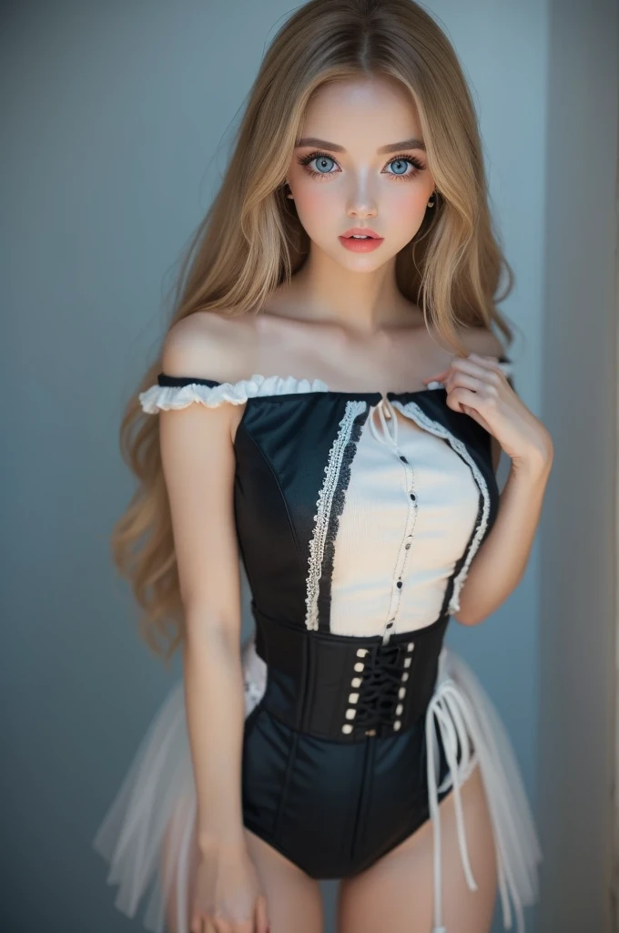 Photographically, very detailed, Very real, Hyperrealism , super realistic, best quality,(masterpiece, soft lighting, Stylish eyes with attention to detail : 1.2), a pretty young girl,(cute), sleeveless, sheer off-the-shoulder tutu,Loosen the string on the back corset,Can you loosen the string on the corset on your back 、 Christmas、Fashion studio white background,She is standing,( Full Body Portrait :1.6), no makeup in the coal mine,Highlight your lips,Big Mouth , Thick lips, brown eyes ,Fuller lips, glossy lips in the ruins of the city, My lips are shiny with lip balm , blonde hair, (Perfect oval for big eyes), blue beautiful perfect eyes , (Charming young woman:1.3), (Charming:1.1),