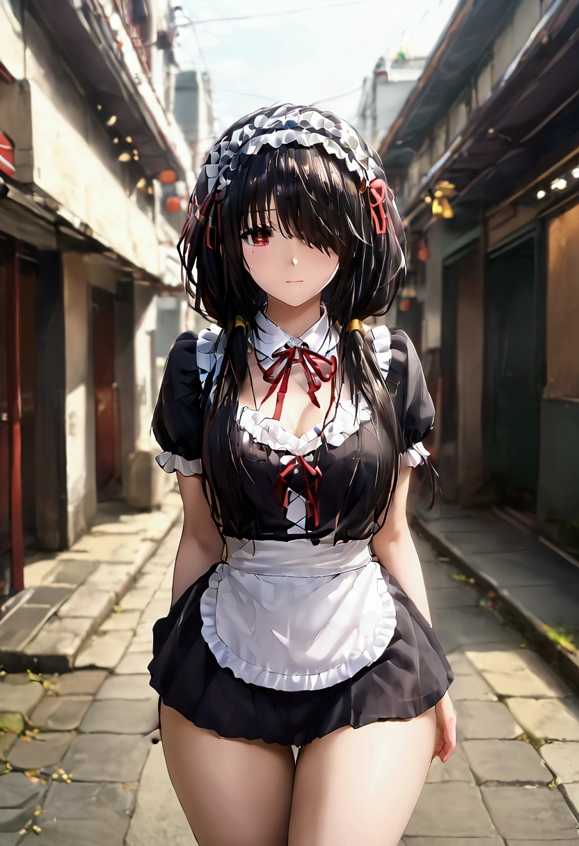 bmasterpiece、top-quality、hight resolution)、 Real life adaption for this character, Masterpiece, high quality, best lighting, cinematic, 1girl, tokisaki kurumi, black hair, low twintails, heterochromia, ((right eye red, left eye yellow)), eye covering bang, (perfect body), full body, (((big thigh))), (maid uniform), looking at viewer, standing, outdoors