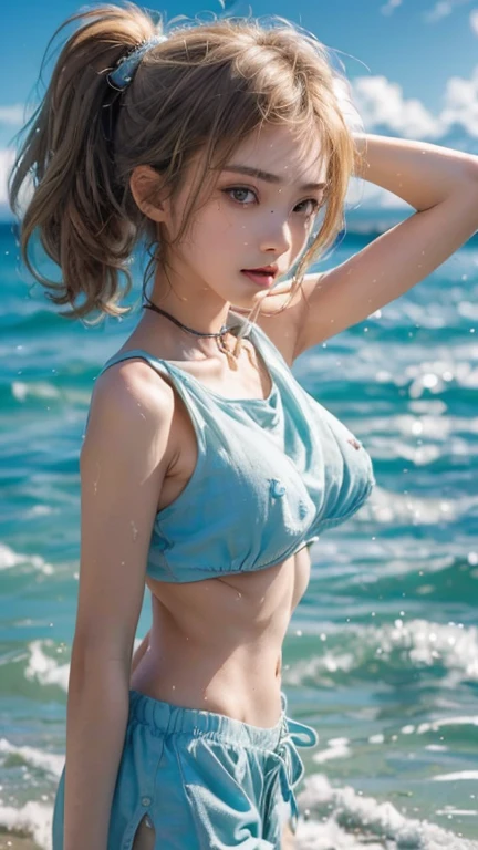 (masterpiece, best quality:1.2), intricate details, (sangonomiya_kokomi), 1 girl, (white bikini:1.2), simple bikini, hair ornament, ponytail, (black_tattoo:1.2), (pink hair, ta), (small breasts:1.2), (wide hips, sexy:1.2), (beach_background:1.3), (outdoor), (priestess), (blue eyes:1.2), (eye glow:1.4), (wet:1.2), cowboy shot,