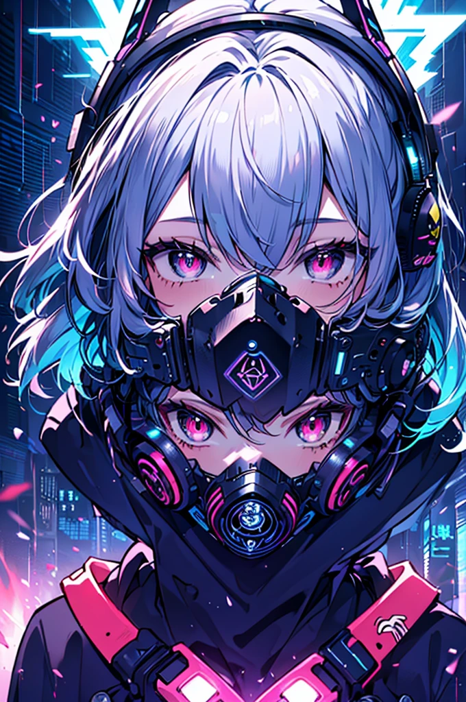 1girl,(((Highest quality、Masterpiece、Official Art、The best dynamic composition、Super detailed、Anime Style、cyber punk)))、profile、Face close-up、gas mask、Futuristic neon geometric background、