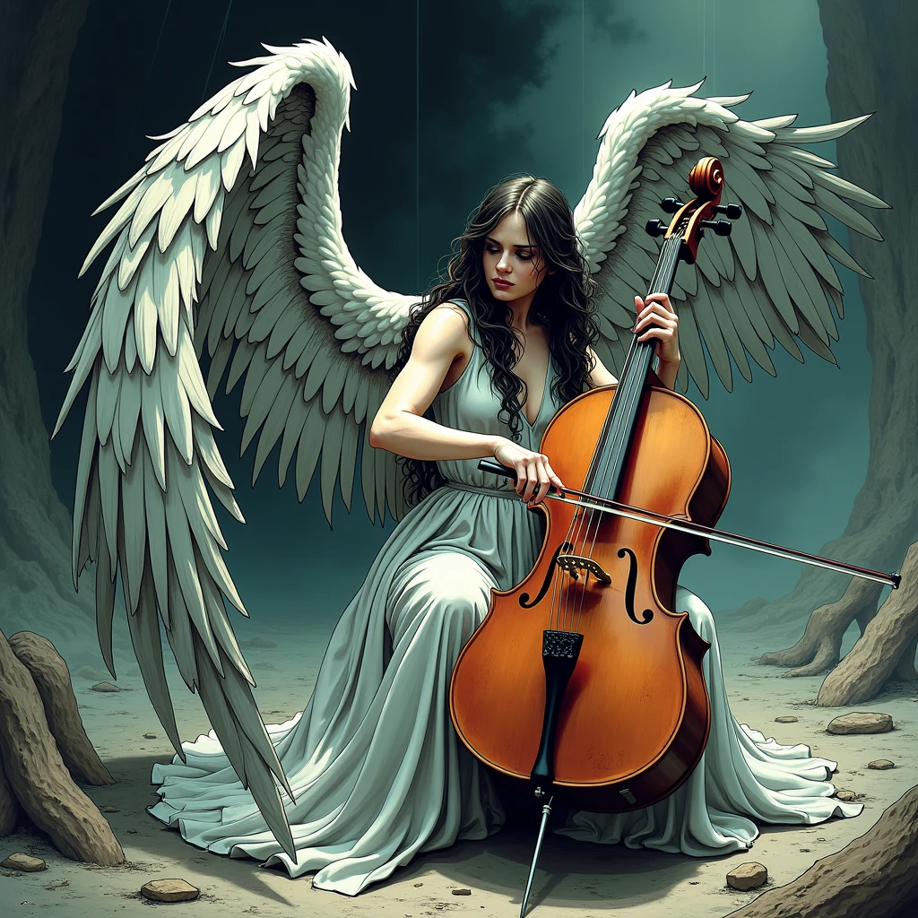You can create a bare-breasted beaked angel with peregrine falcon wings., taking a classical string instrument. Baroque style, with artistic escorado
