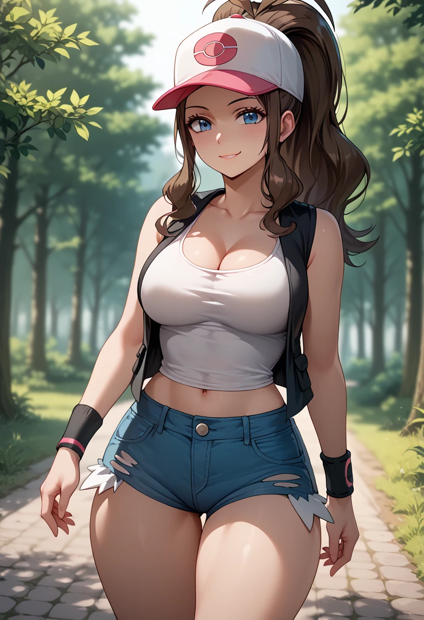 Perfect CG unity 8K UHD wallpaper, Perfect CG unity 8K UHD wallpaper, 1girl, large breasts, large hips, small waist, large thighs, smug, pokemonhilda, blue eyes, brown hair, long hair, ponytail, baseball cap, blue shorts, denim, hat, micro shorts, vest, wristband, sleeveless, black vest, white shirt, micro shirt, outdoors, forest, walking, lowleg shorts, groin, panties, cleavage, 