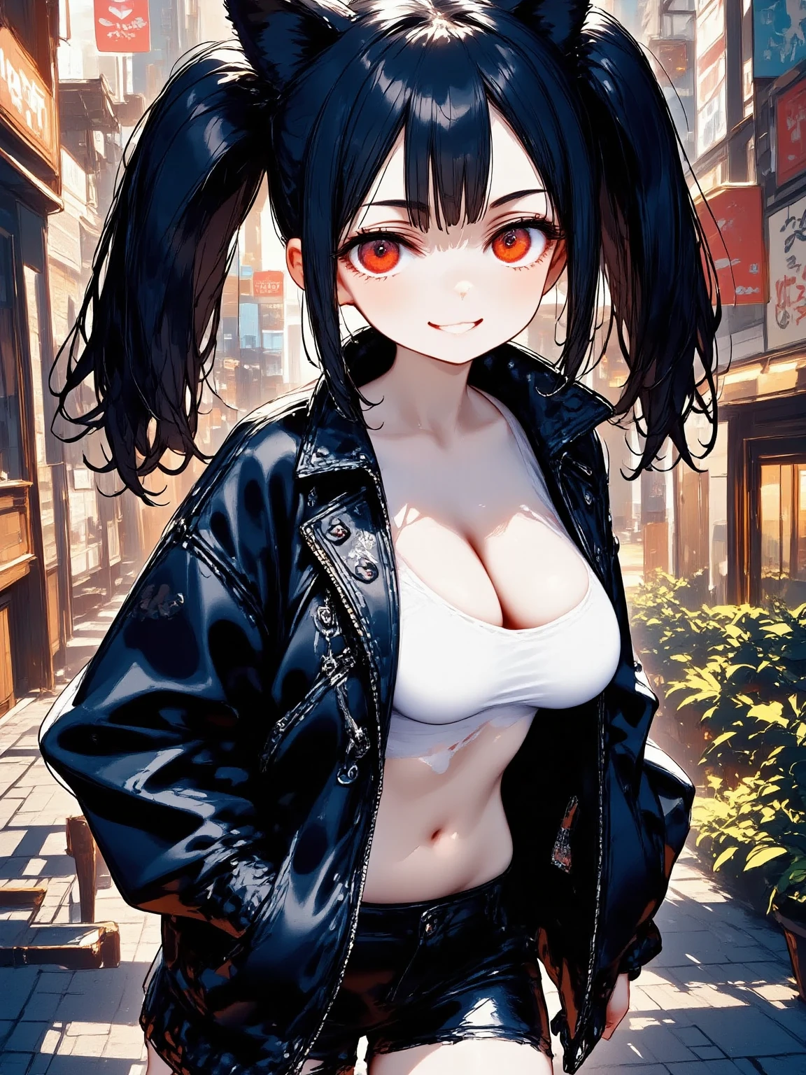 1girl\(cute,kawaii, charming, fascinating, bewitching, evil smile, smirk,evil face, fang, black hair,naughty smile, long hair, twin tails hair, pale skin, white skin, red eyes, eyes shining, big eyes, big breast, perky breast, punk fashion, ripped clothes, white tight tube top, tight hot pants, stomach shown, ripped black short jacket, fluffy black cat-ear, spiral eyes,eyes spiraled, bang, hands in pocket\), background\(outside, noisy city, backstreet, narrow street, neon lights, at midnight\),3d render, portraits, bust-up shot, from above, niji style, slight abdominal muscles,very close up of face,,zoom up girl, great focus, great bokeh,dynamic camera angle,punky costume,bags under eyes,taken by Kodak MC3 camera,anatomically correct body