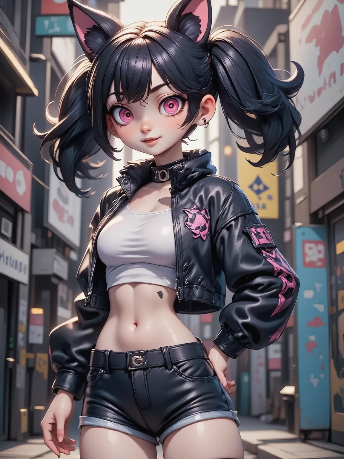 1girl\(cute,kawaii, charming, fascinating, bewitching, evil smile, smirk,evil face, fang, black hair,naughty smile, long hair, twin tails hair, pale skin, white skin, red eyes, eyes shining, big eyes, big breast, perky breast, punk fashion, ripped clothes, white tight tube top, tight hot pants, stomach shown, ripped black short jacket, fluffy black cat-ear, spiral eyes,eyes spiraled, bang, hands in pocket\), background\(outside, noisy city, backstreet, narrow street, neon lights, at midnight\),3d render, portraits, bust-up shot, from above, niji style, slight abdominal muscles,very close up of face,,zoom up girl, great focus, great bokeh,dynamic camera angle,punky costume,bags under eyes,taken by Kodak MC3 camera,anime style